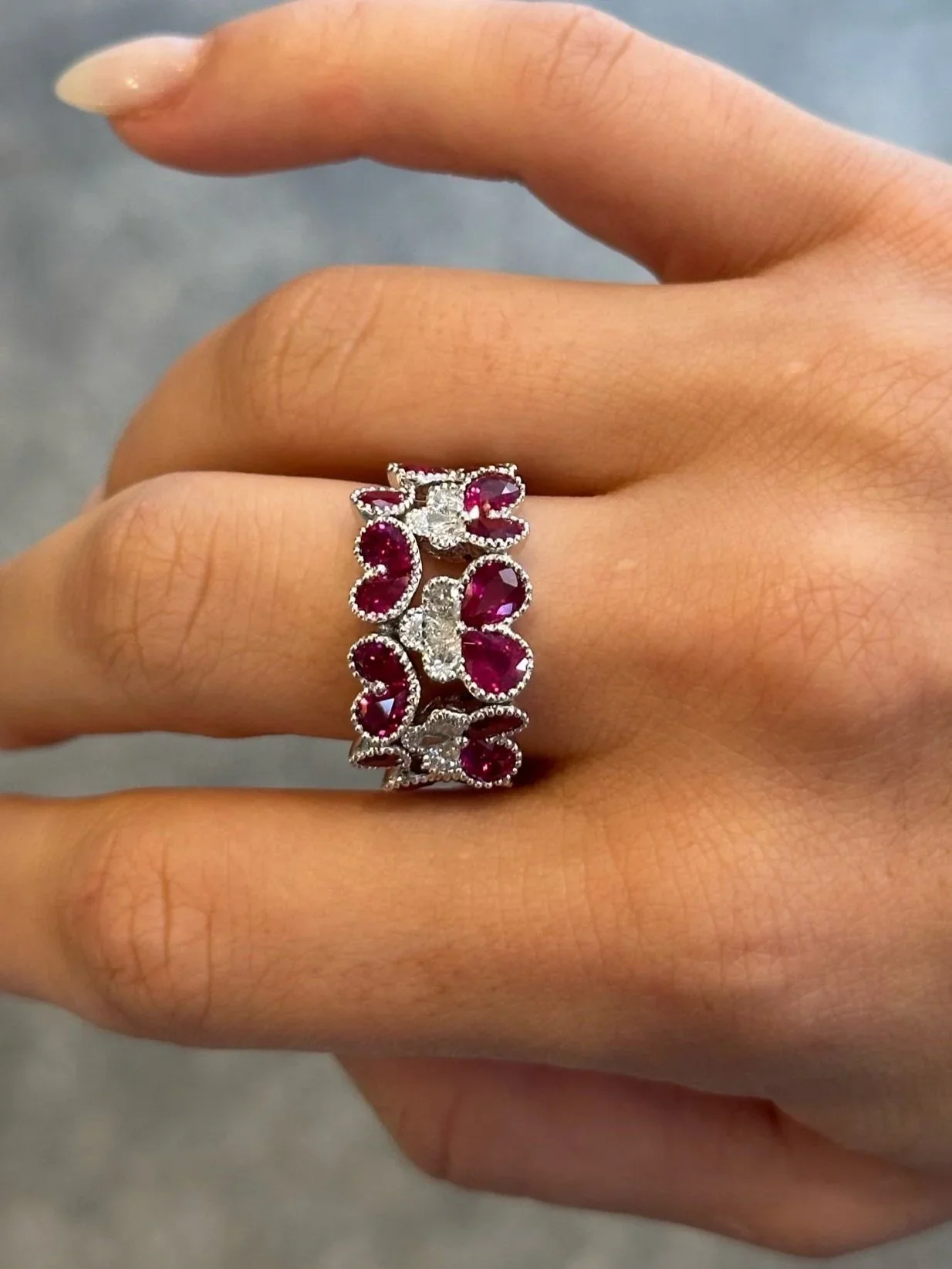 Ladies Ruby and Round Diamond Wide Milgrain Ring - Image 2