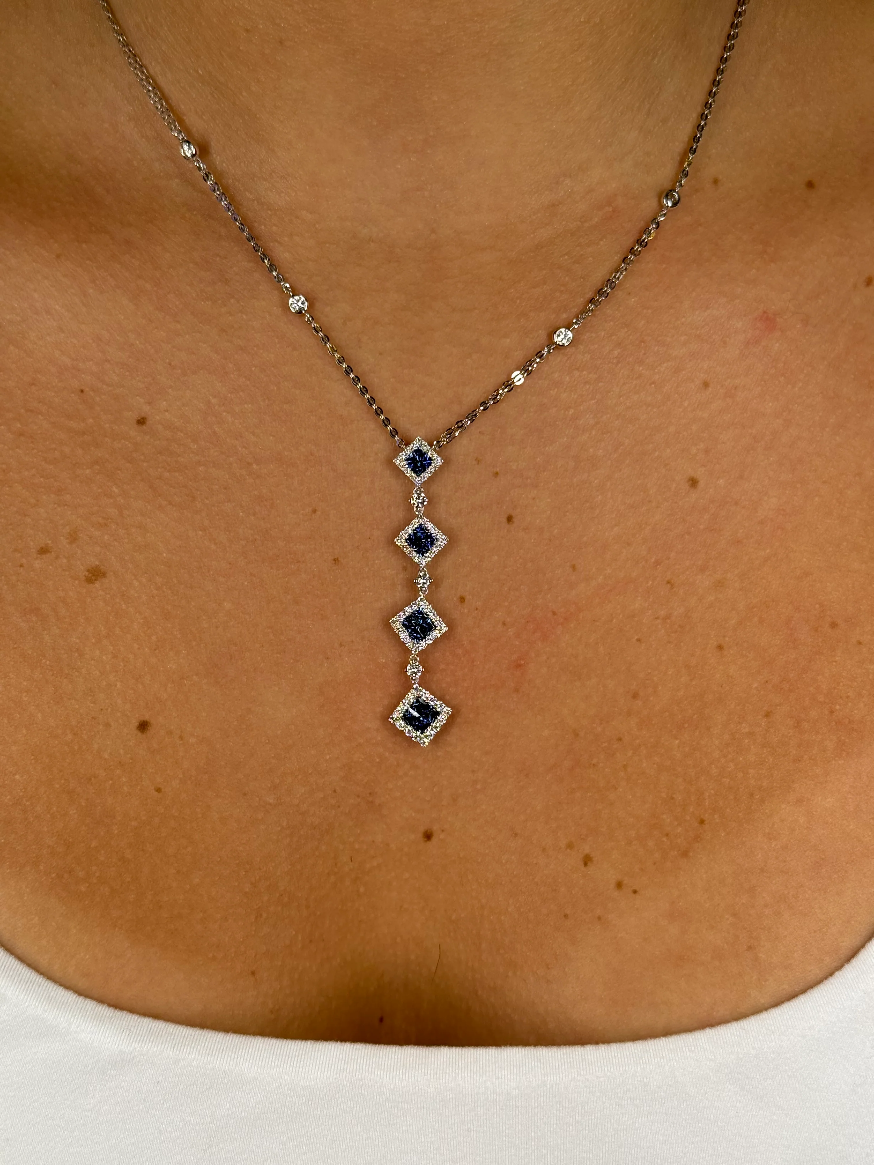 Ladies Sapphire and Round Diamond Graduated Pyramid Necklace