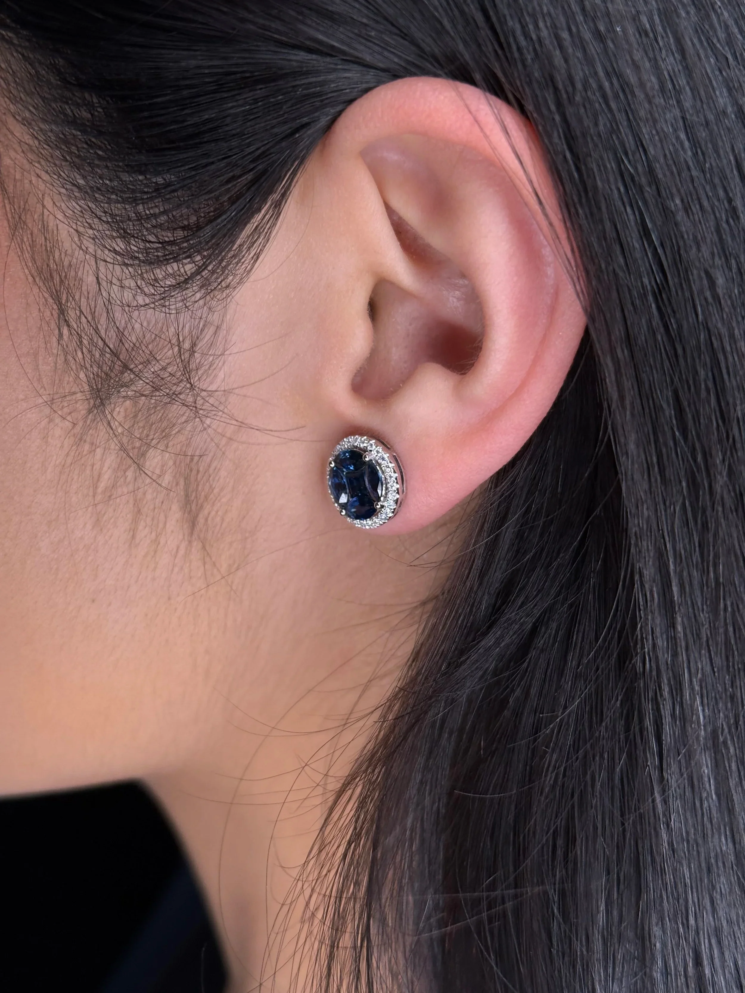 Ladies Sapphire Cluster Center and Halo Round Diamond Earrings - Image 4