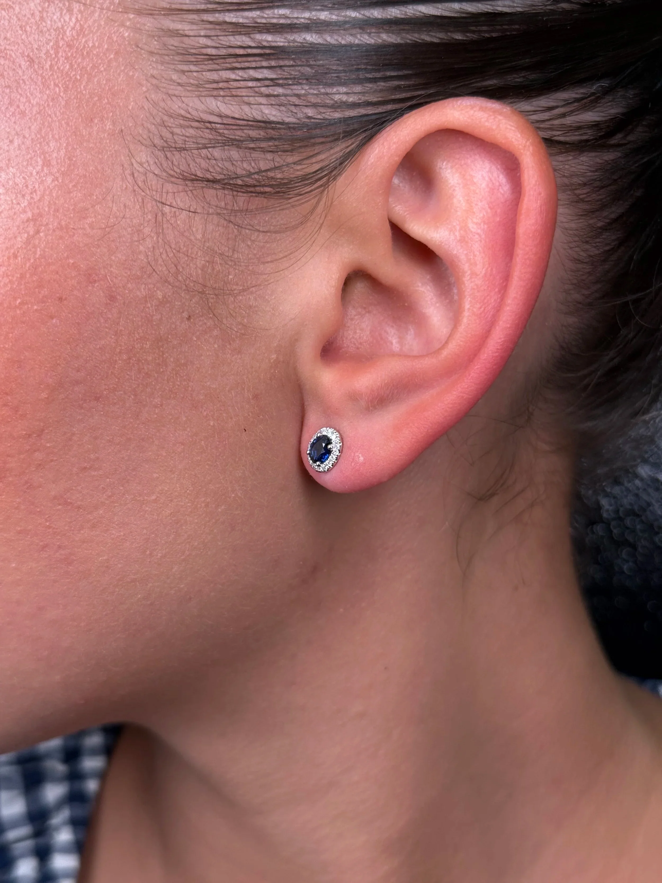 Ladies Sapphire Halo Stud Earring - Image 3