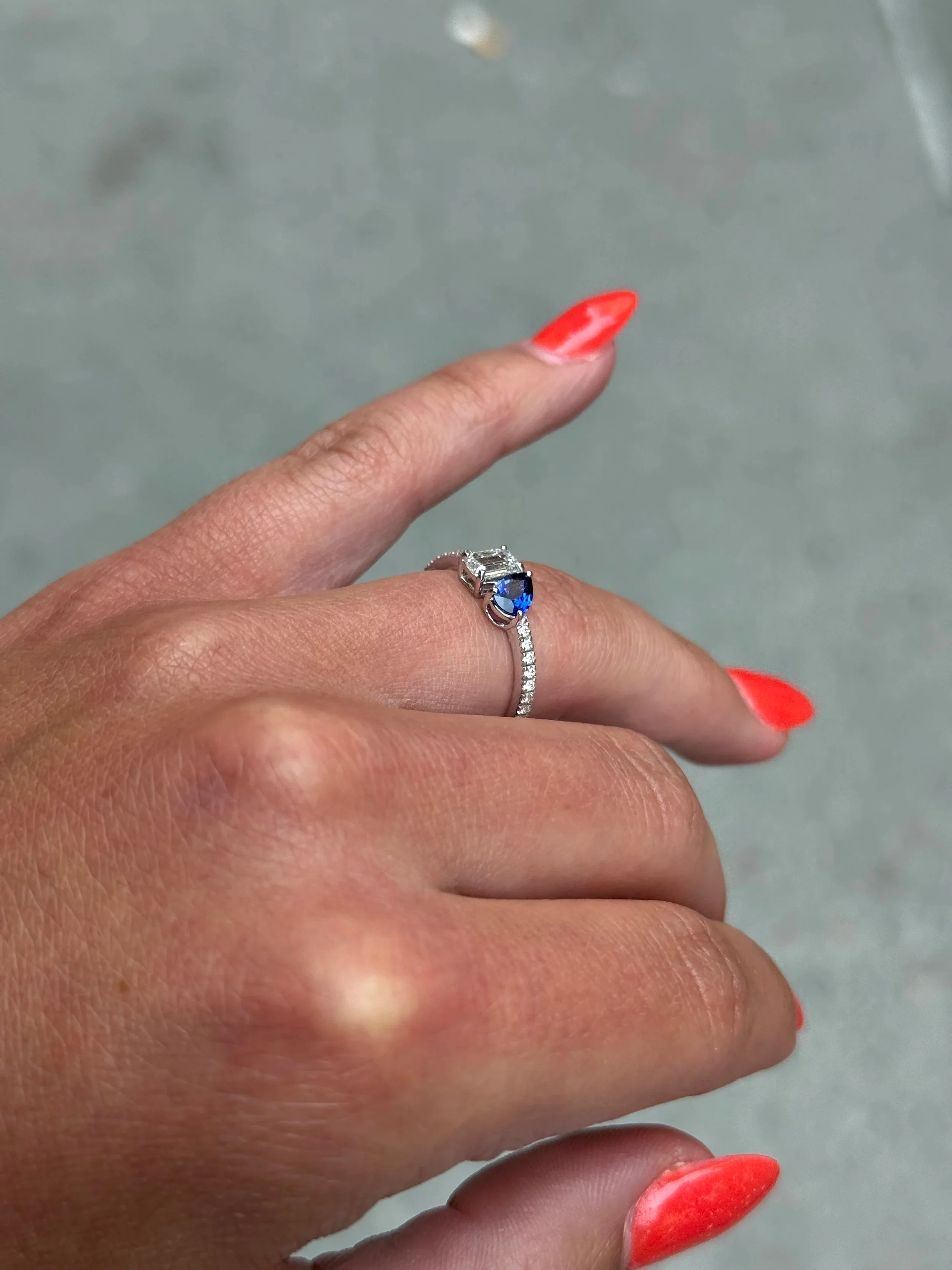 Ladies Sapphire Pear and Emerald Diamond Ring - Image 4
