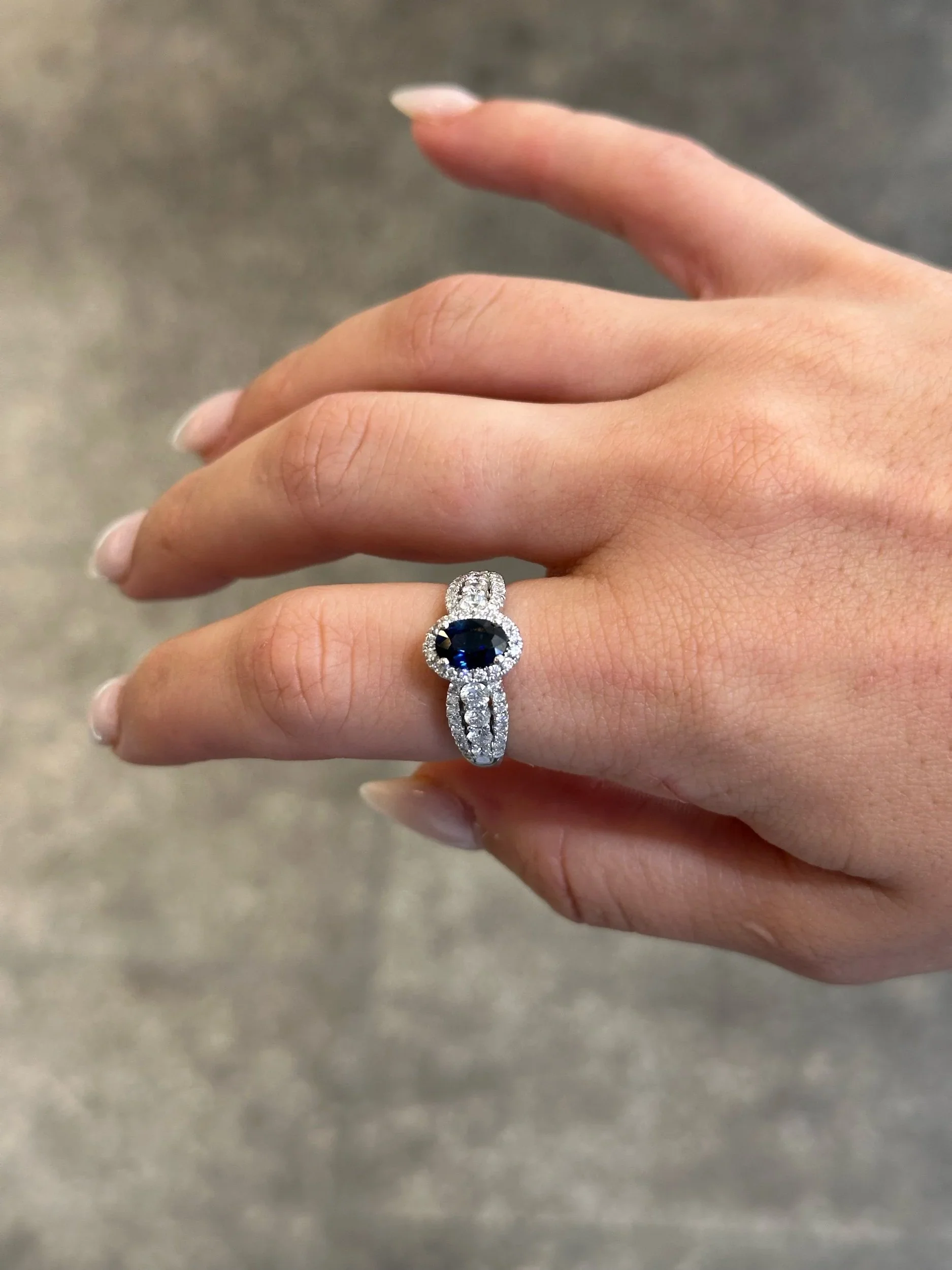 Ladies Sapphire Stone and Round Diamond Ring with Halo and Triple Shank - Image 2