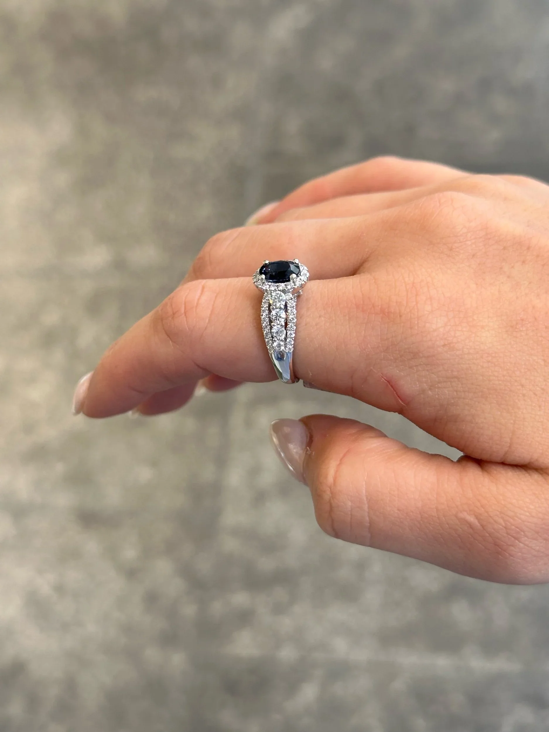 Ladies Sapphire Stone and Round Diamond Ring with Halo and Triple Shank - Image 3