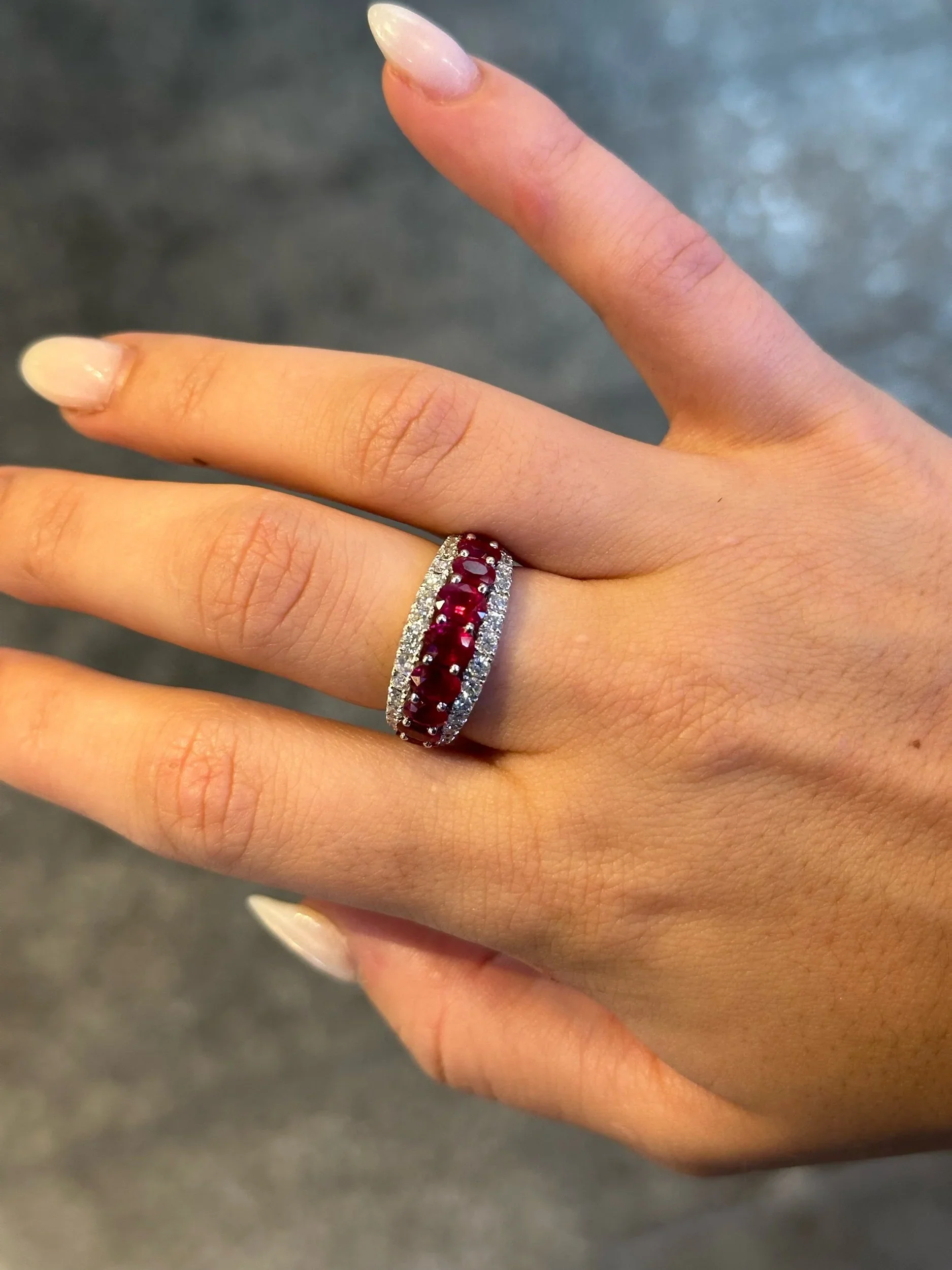 Ladies Single Row Ruby and Double Row Round Diamond Ring - Image 2