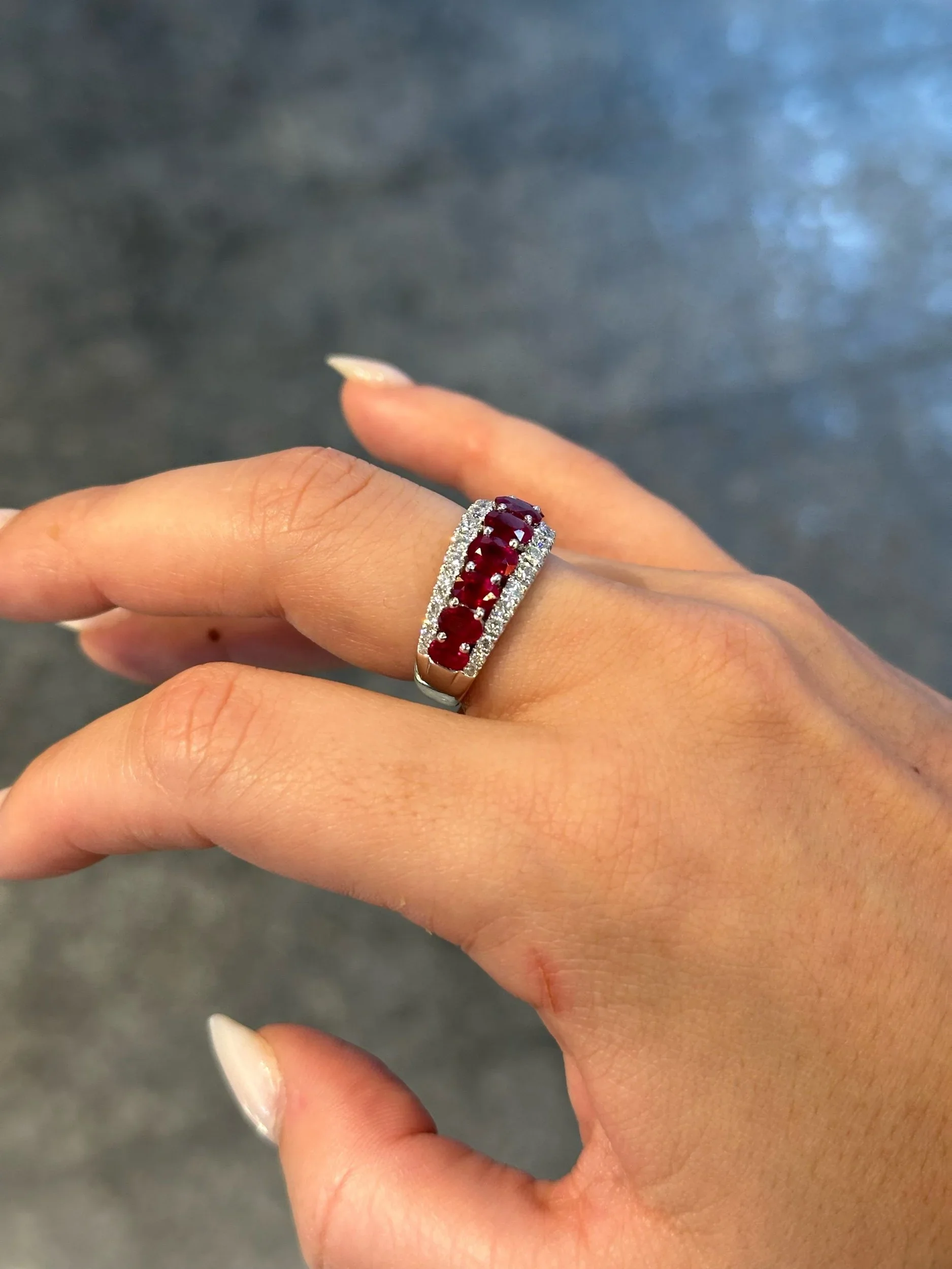 Ladies Single Row Ruby and Double Row Round Diamond Ring - Image 3