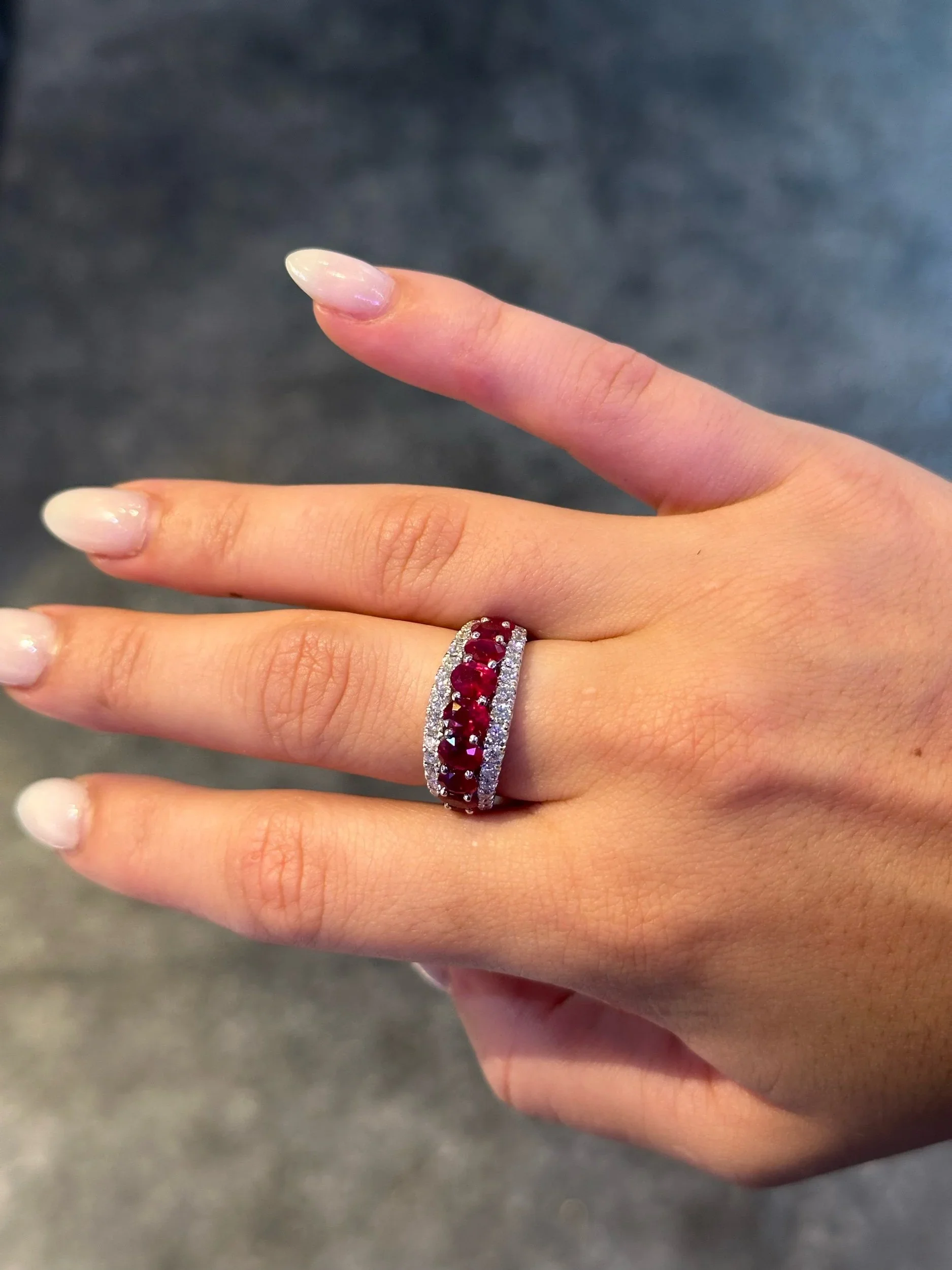 Ladies Single Row Ruby and Double Row Round Diamond Ring - Image 4
