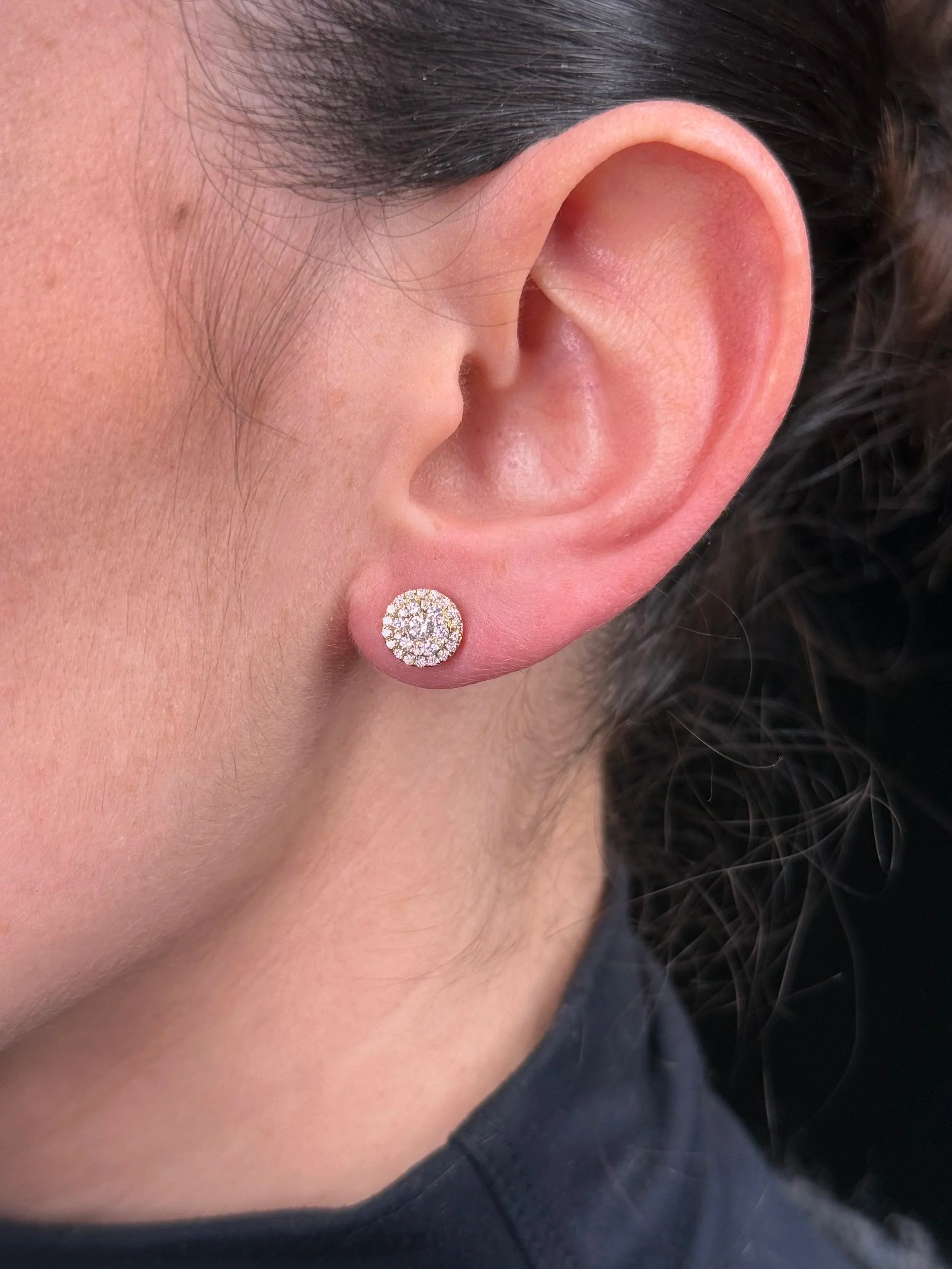 Ladies Small Yellow Gold Cluster Round Diamond Earrings - Image 2