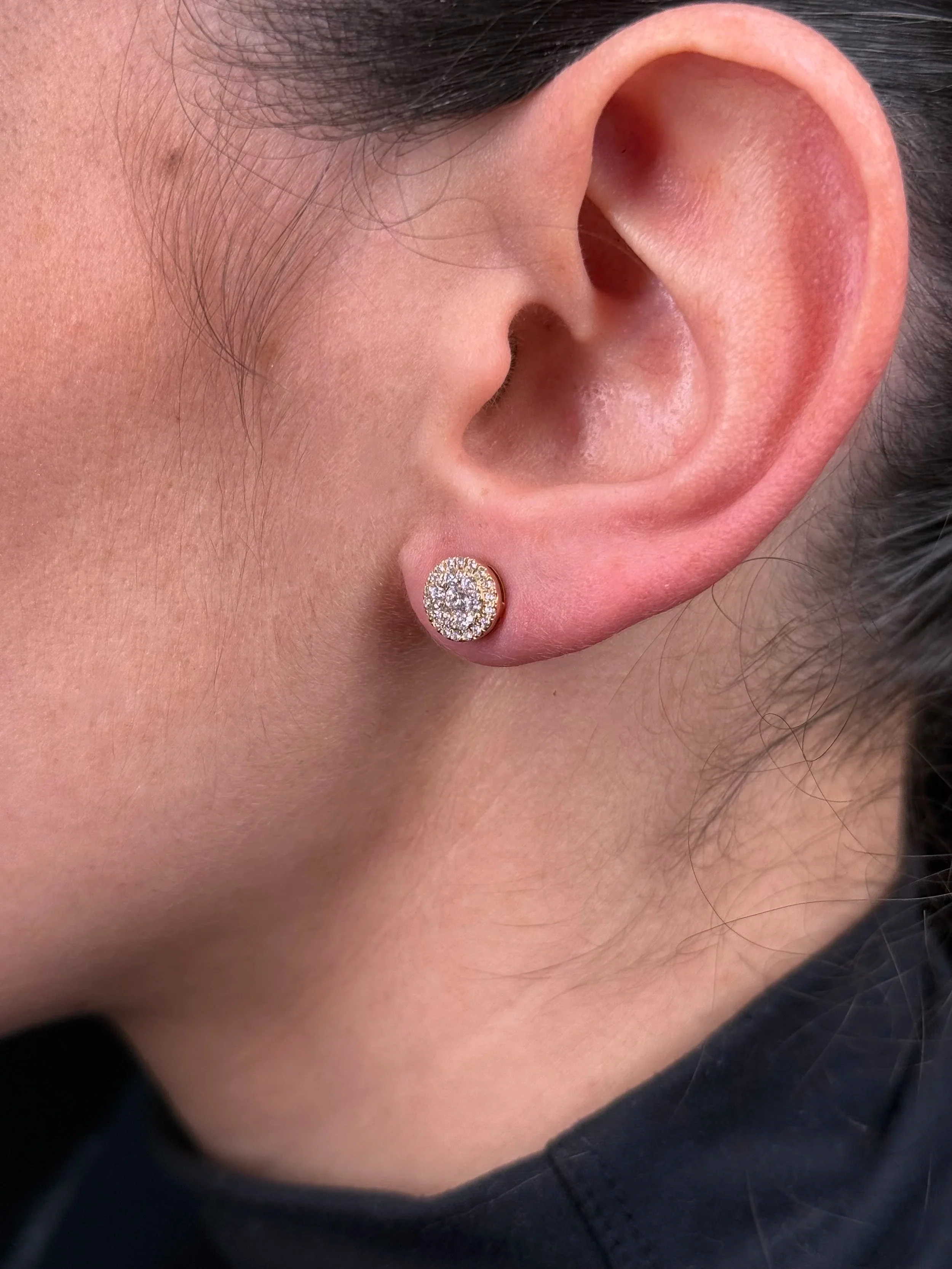 Ladies Small Yellow Gold Cluster Round Diamond Earrings - Image 3