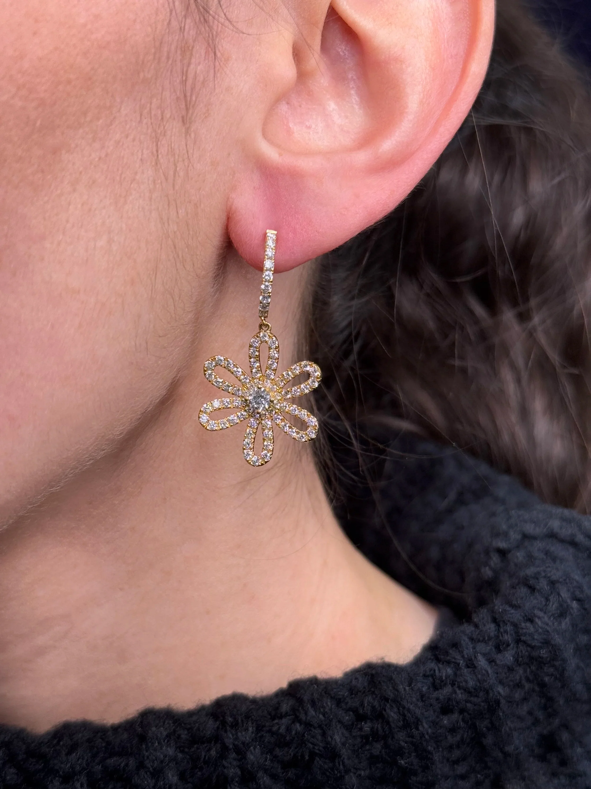 Ladies Spaced Out Flower Center Diamond Earrings - Image 2