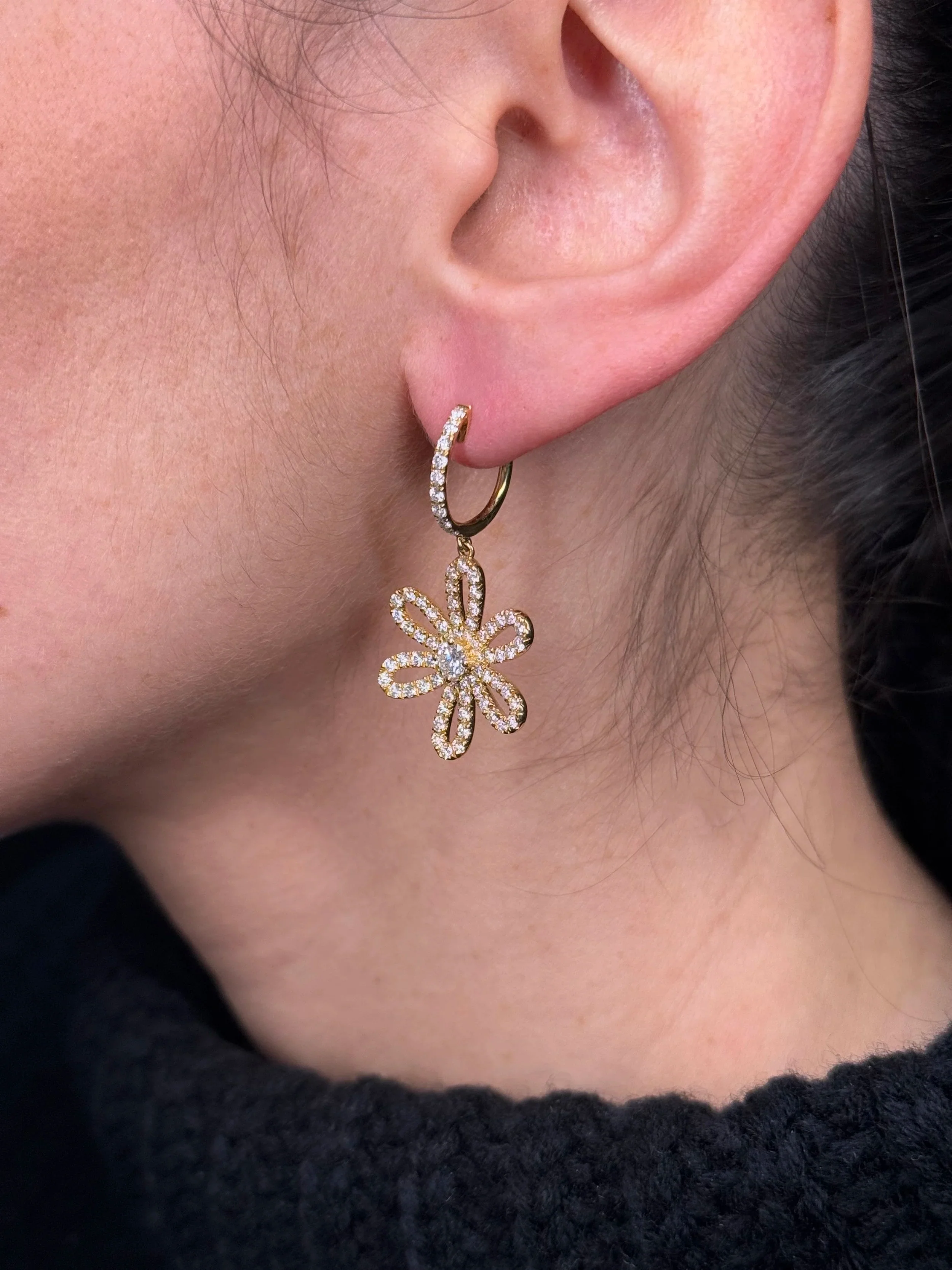 Ladies Spaced Out Flower Center Diamond Earrings - Image 3