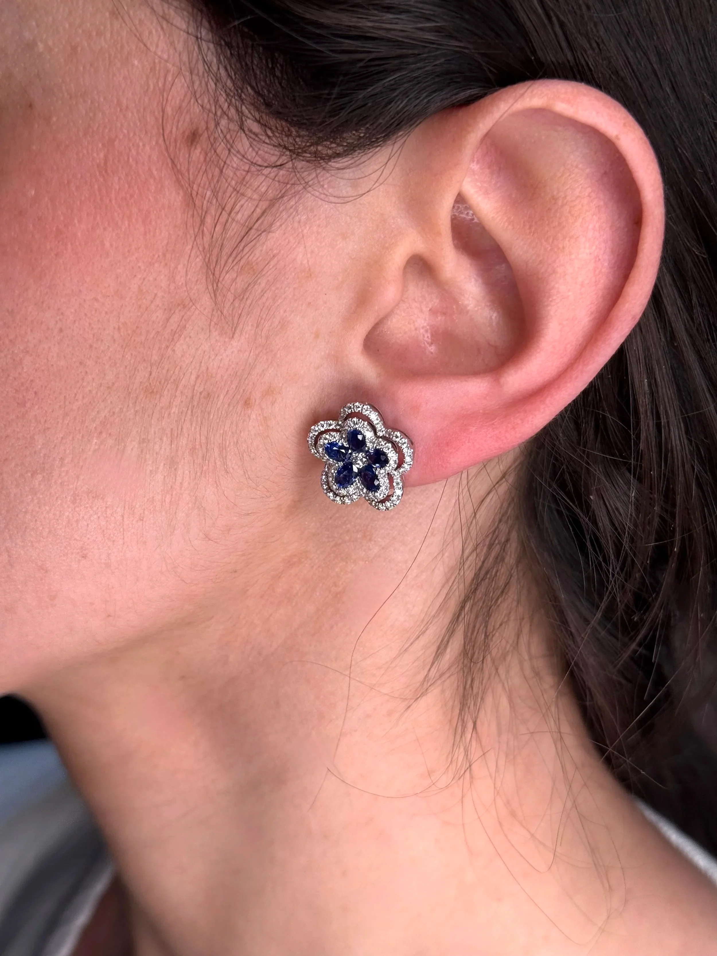 Ladies Spaced Out Sapphire and Diamond Flower Earrings - Image 3