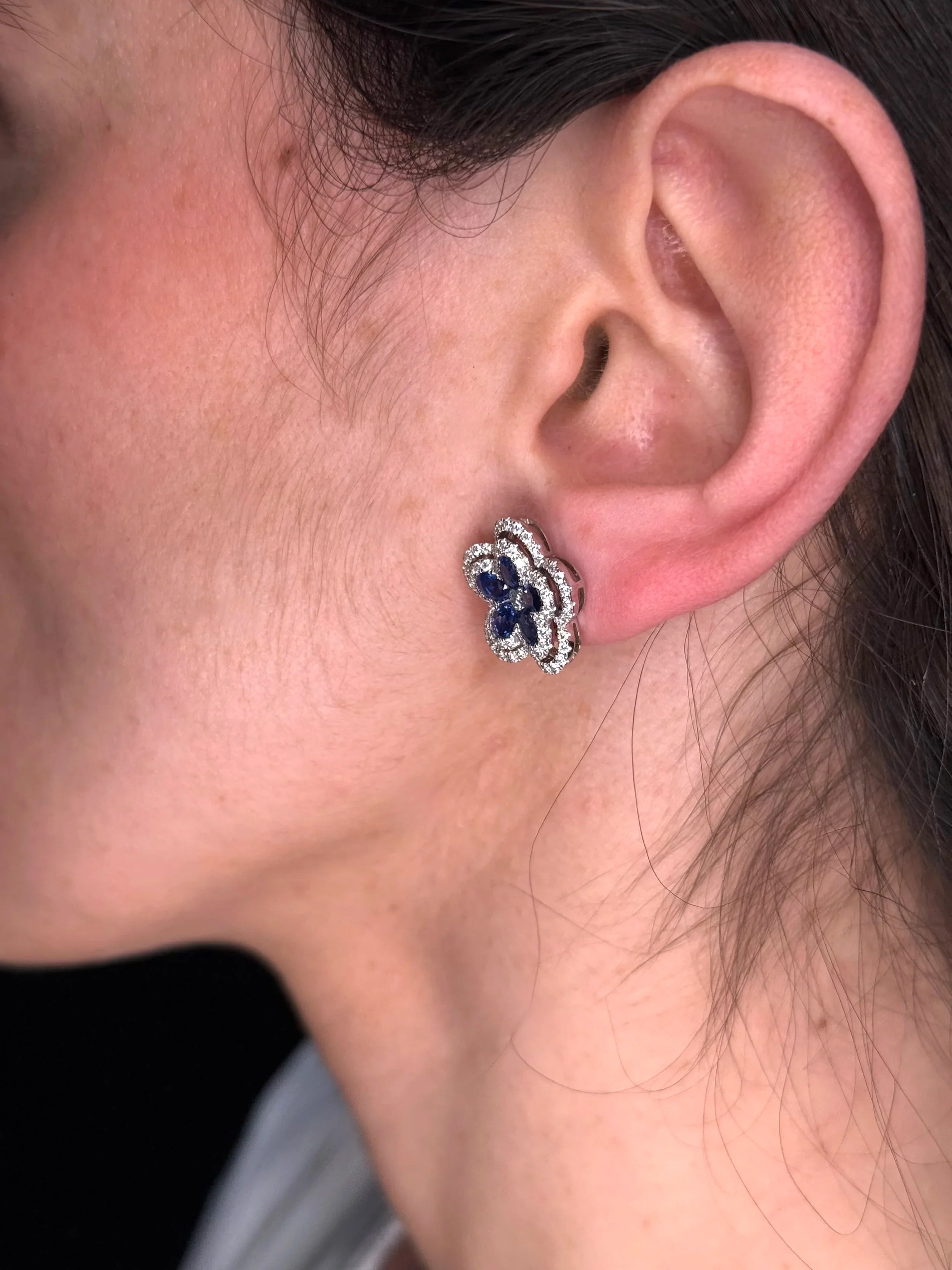 Ladies Spaced Out Sapphire and Diamond Flower Earrings - Image 4