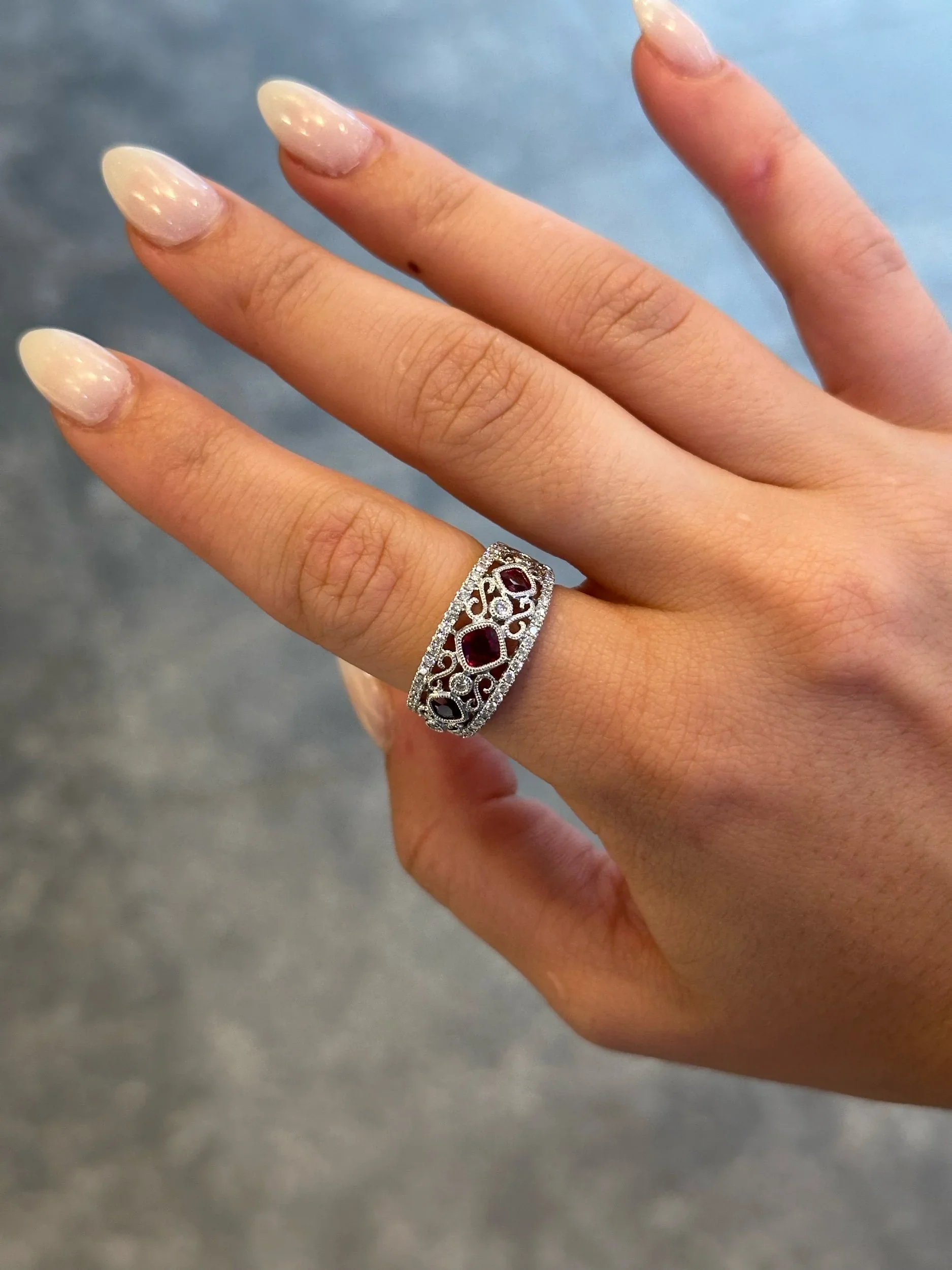 Ladies Square Shaped Ruby and Round Diamond Milgrain Ring - Image 2