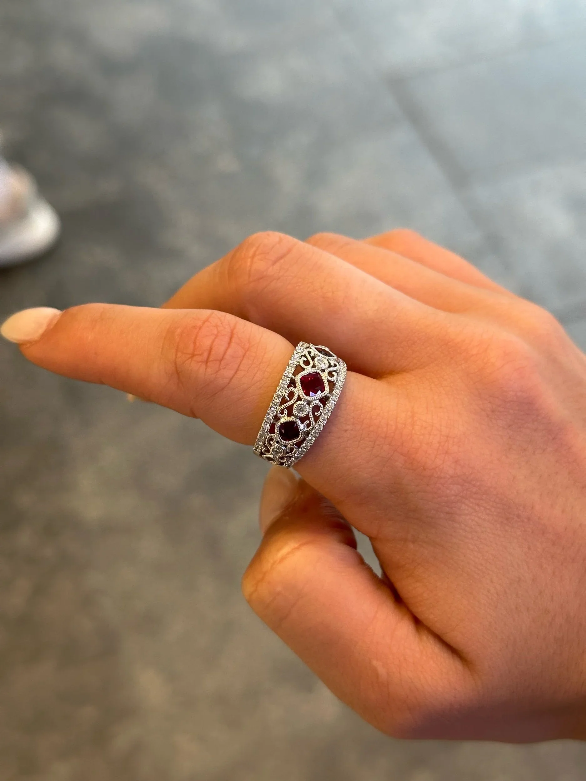 Ladies Square Shaped Ruby and Round Diamond Milgrain Ring - Image 3