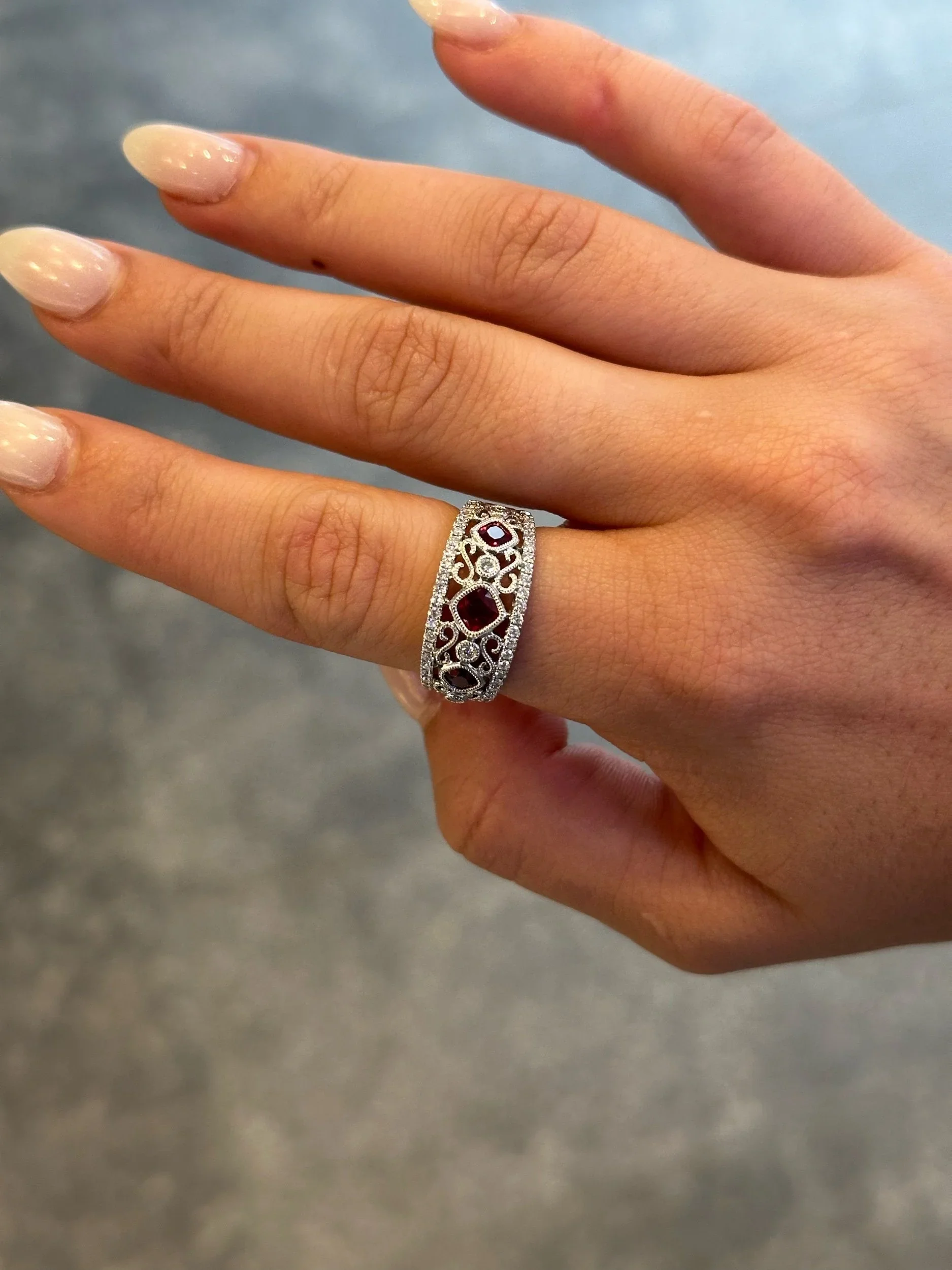 Ladies Square Shaped Ruby and Round Diamond Milgrain Ring - Image 4