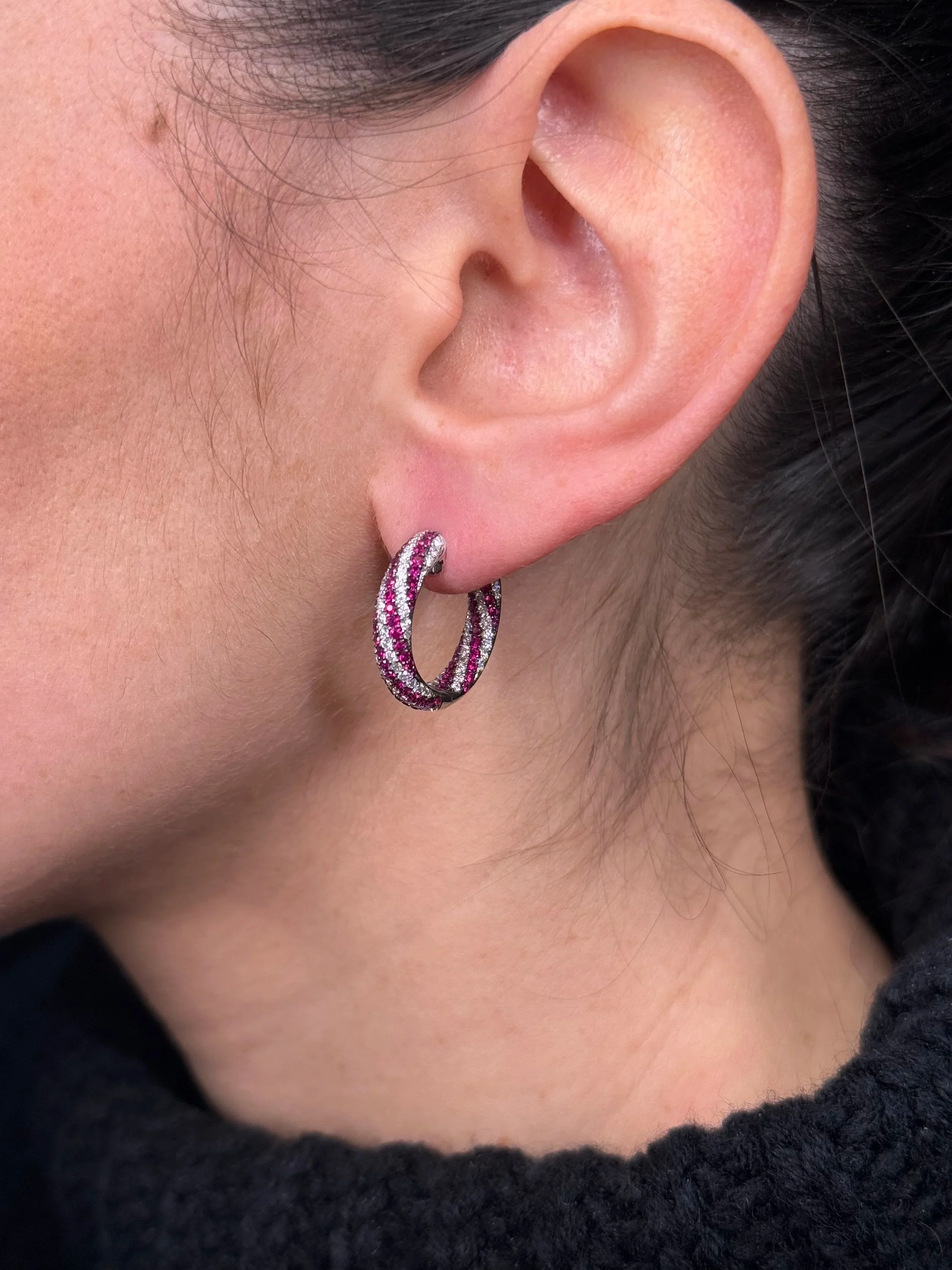 Ladies Swirl Ruby and Round Diamond Huggie - Image 3
