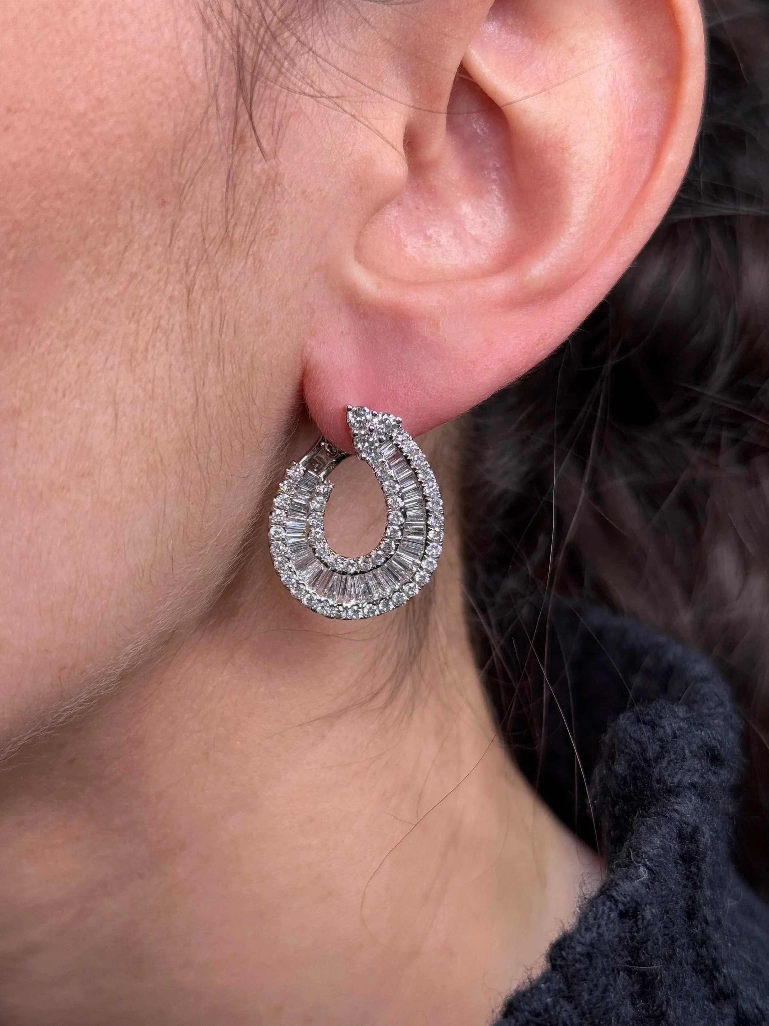 Ladies Thick Frontal Baguette and Round Diamond Earrings - Image 2