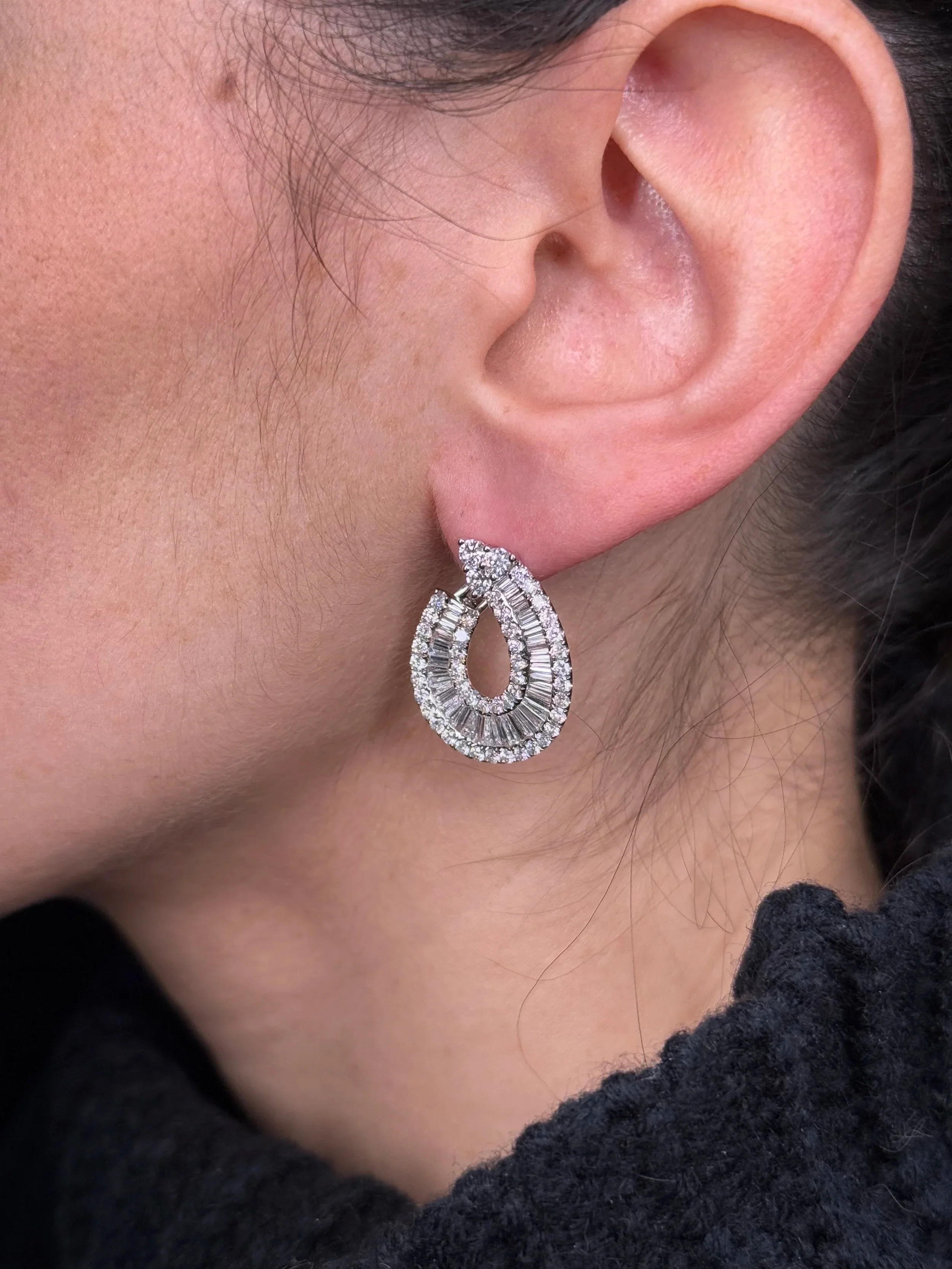 Ladies Thick Frontal Baguette and Round Diamond Earrings - Image 3