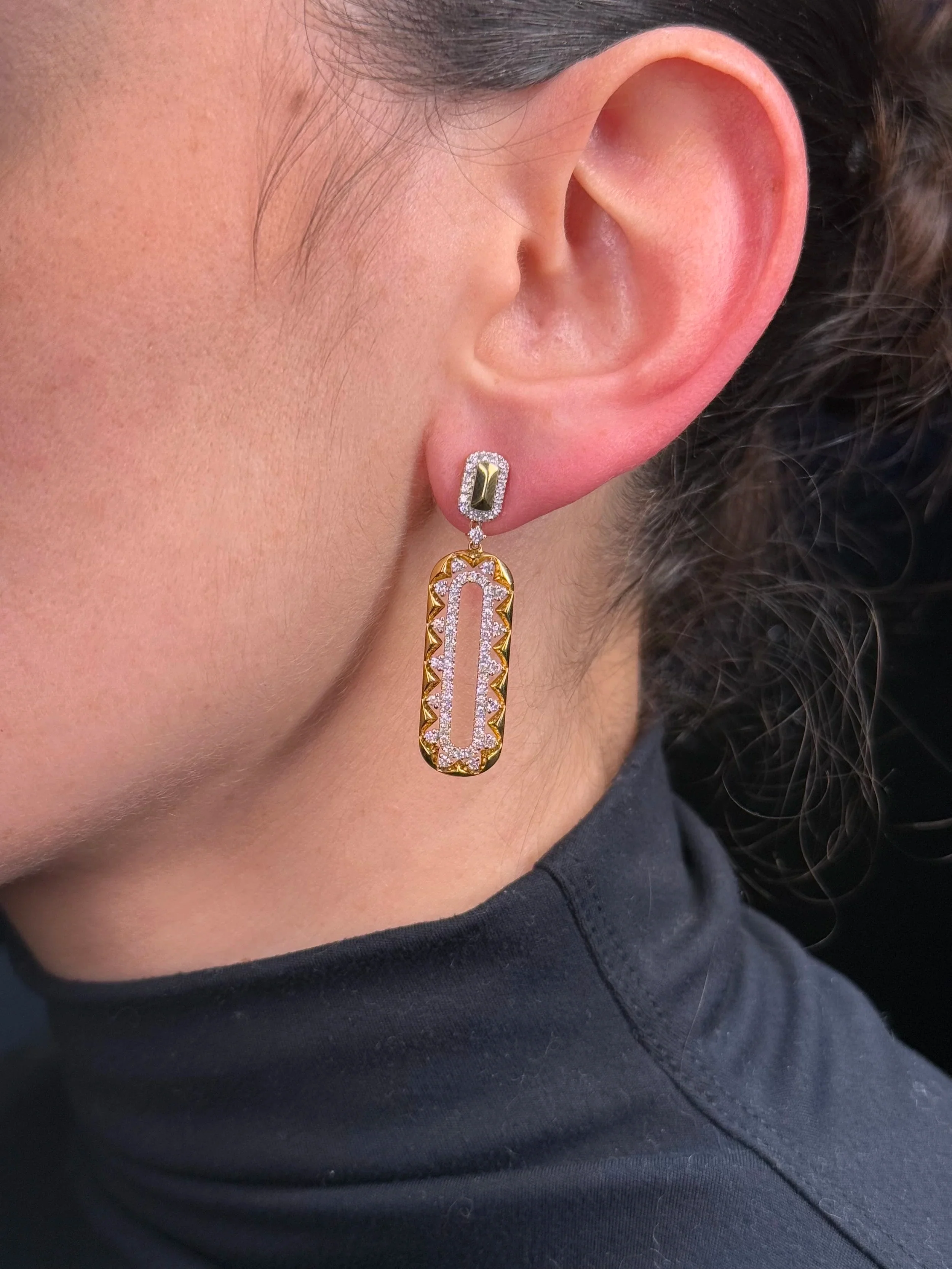 Ladies Thick Spaced Out Diamond and Gold Paperclip Earrings - Image 2
