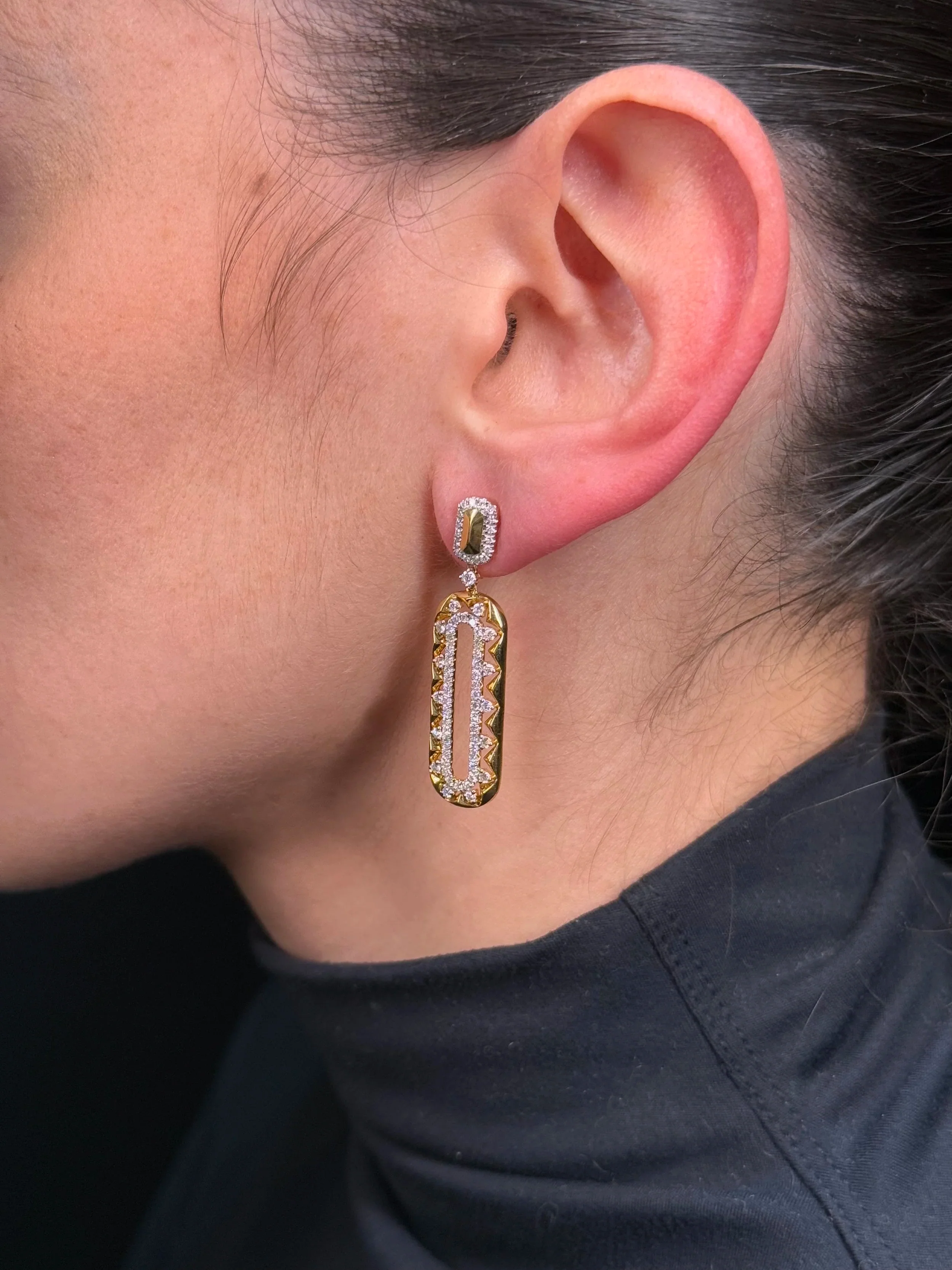 Ladies Thick Spaced Out Diamond and Gold Paperclip Earrings - Image 3