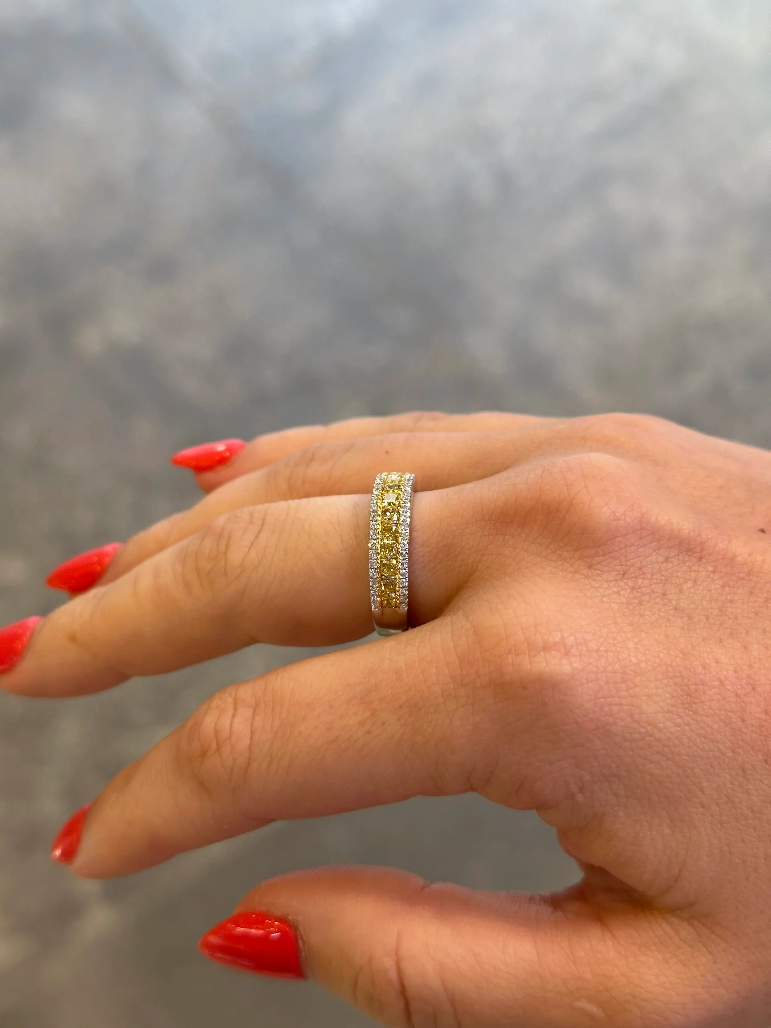 Ladies Thin Yellow Cushion Cut Diamond Band - Image 3