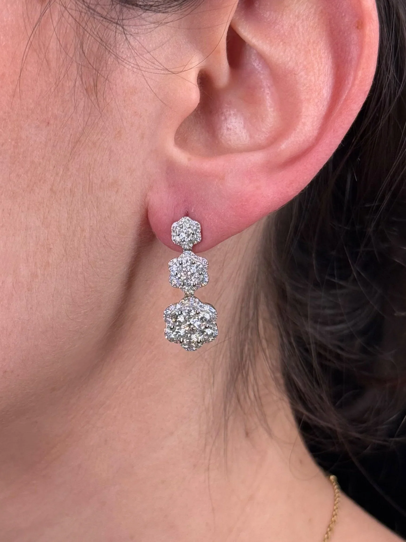 Ladies Three Cluster Clover Diamond Dangle Earrings