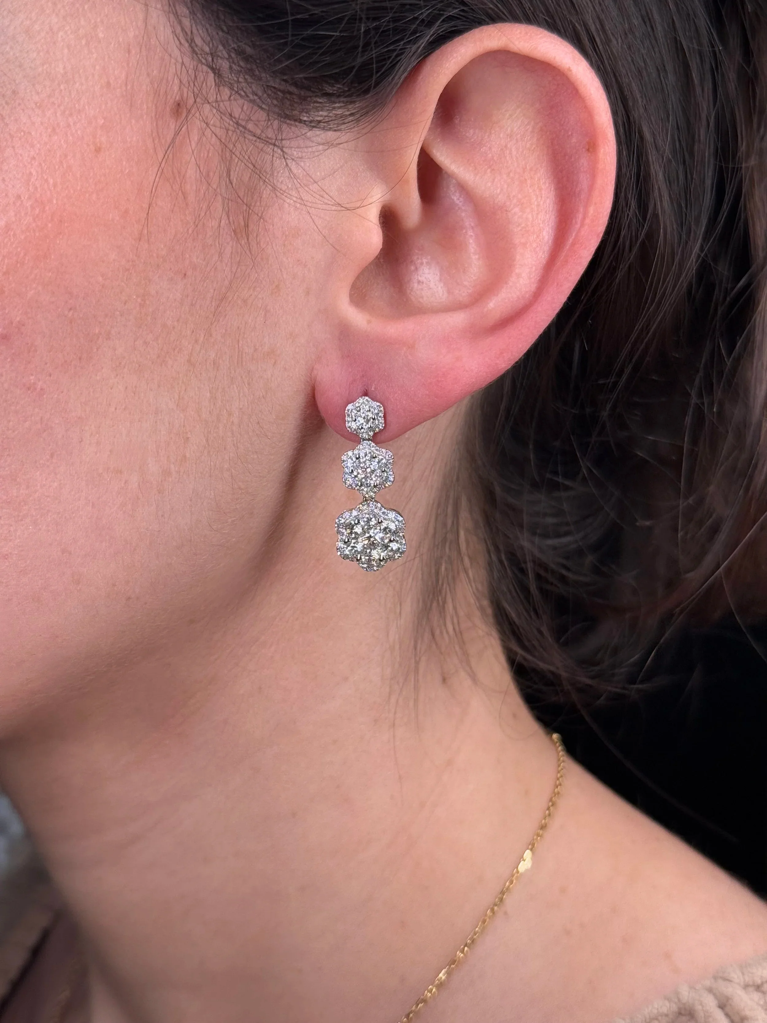 Ladies Three Cluster Clover Diamond Dangle Earrings - Image 2