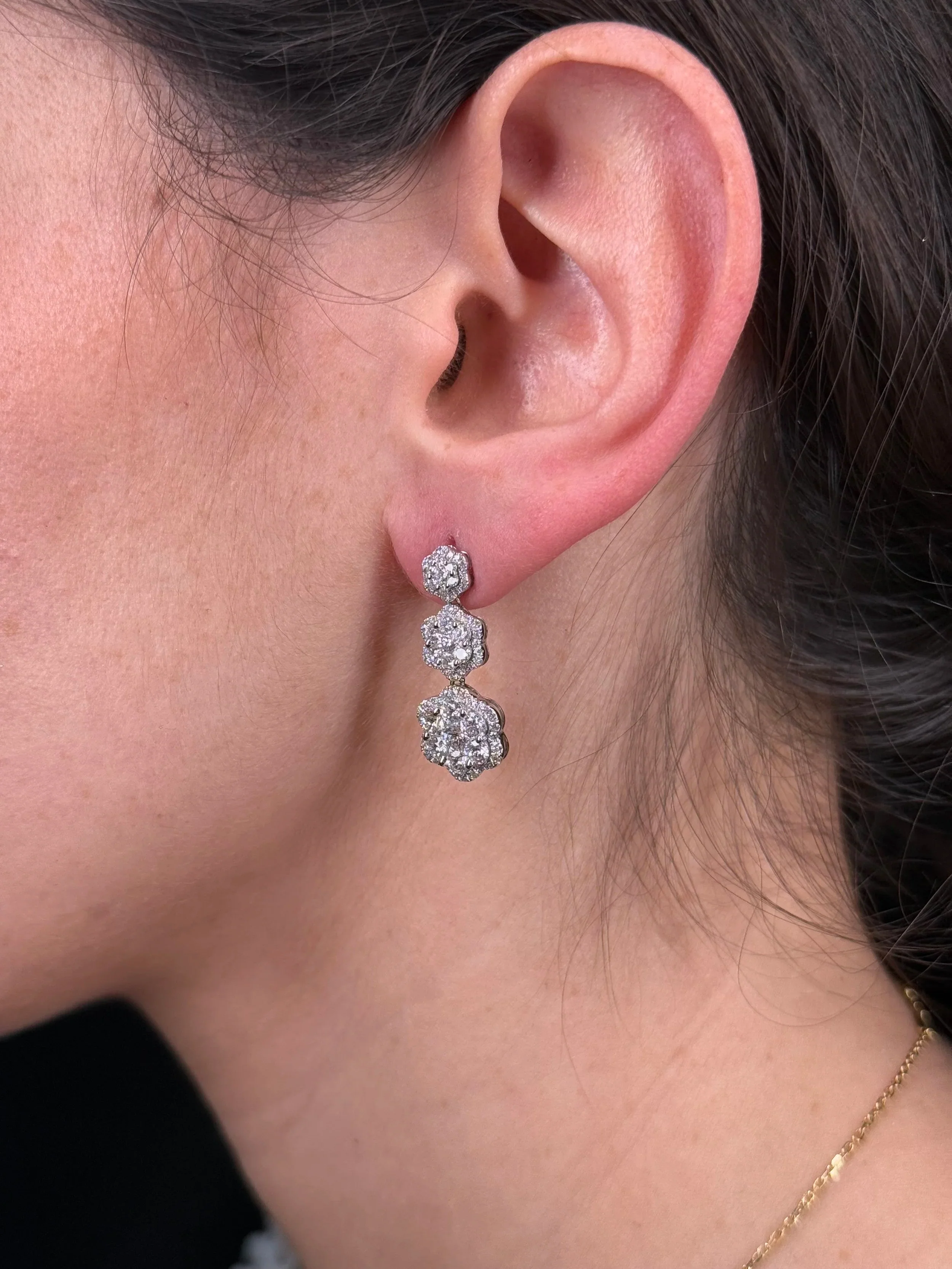 Ladies Three Cluster Clover Diamond Dangle Earrings - Image 3