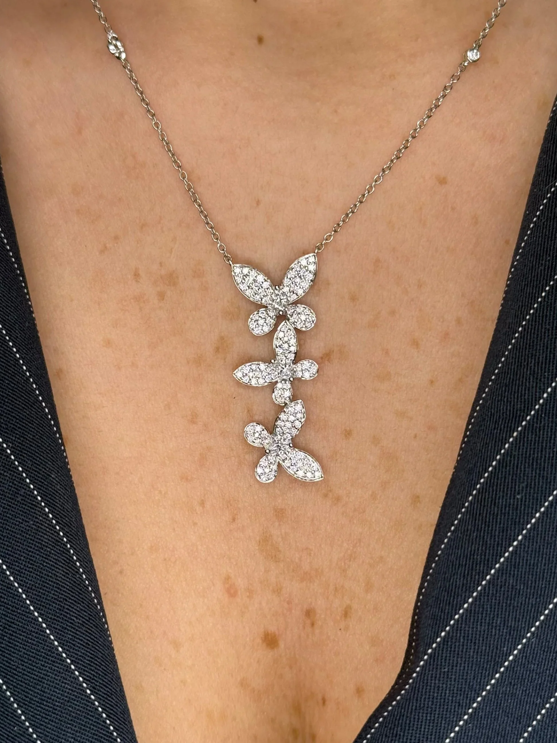 Ladies Three Pave Set Butterfly Necklace