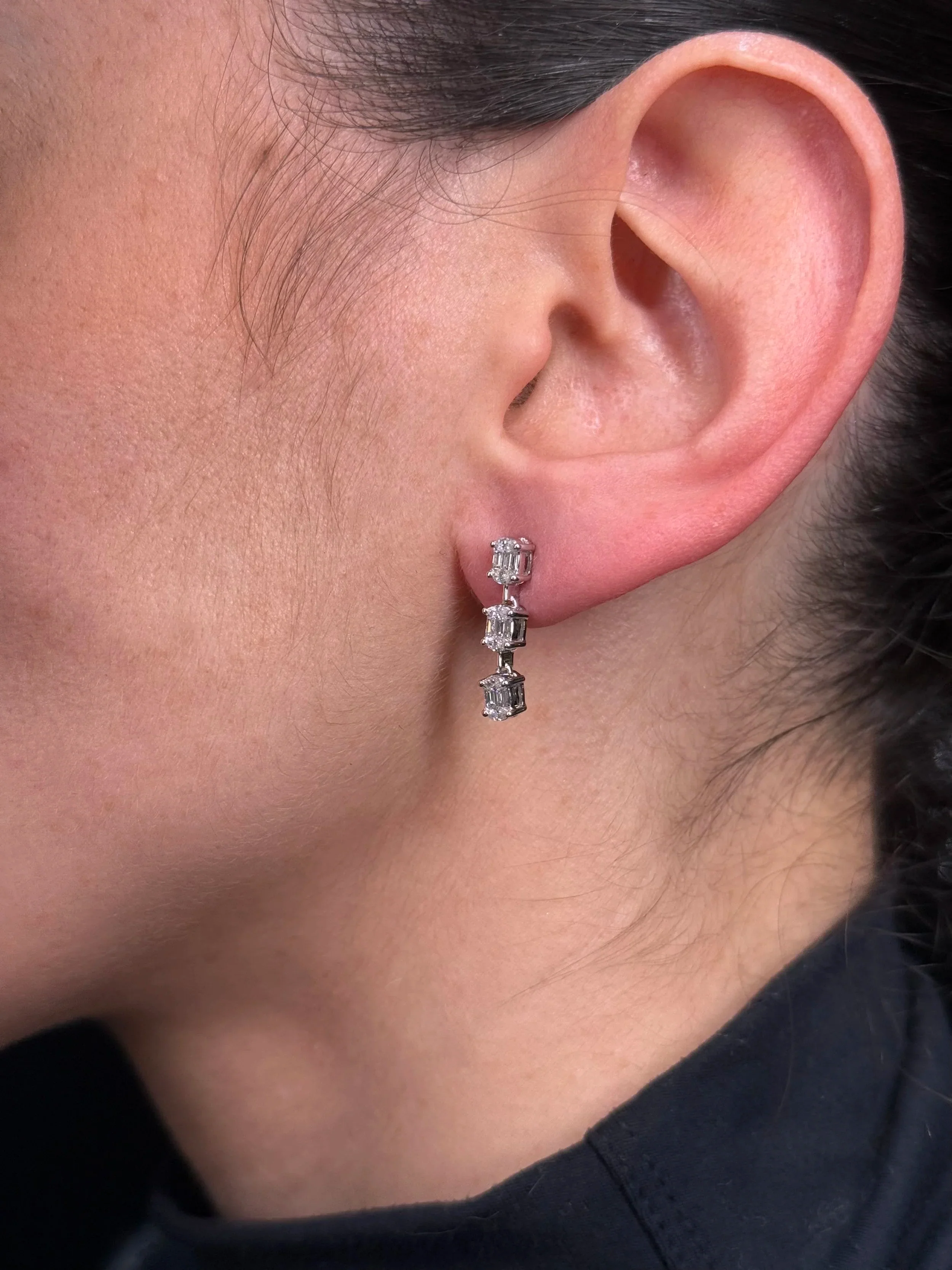 Ladies Three Piece Emerald Cluster Diamond Earrings - Image 3