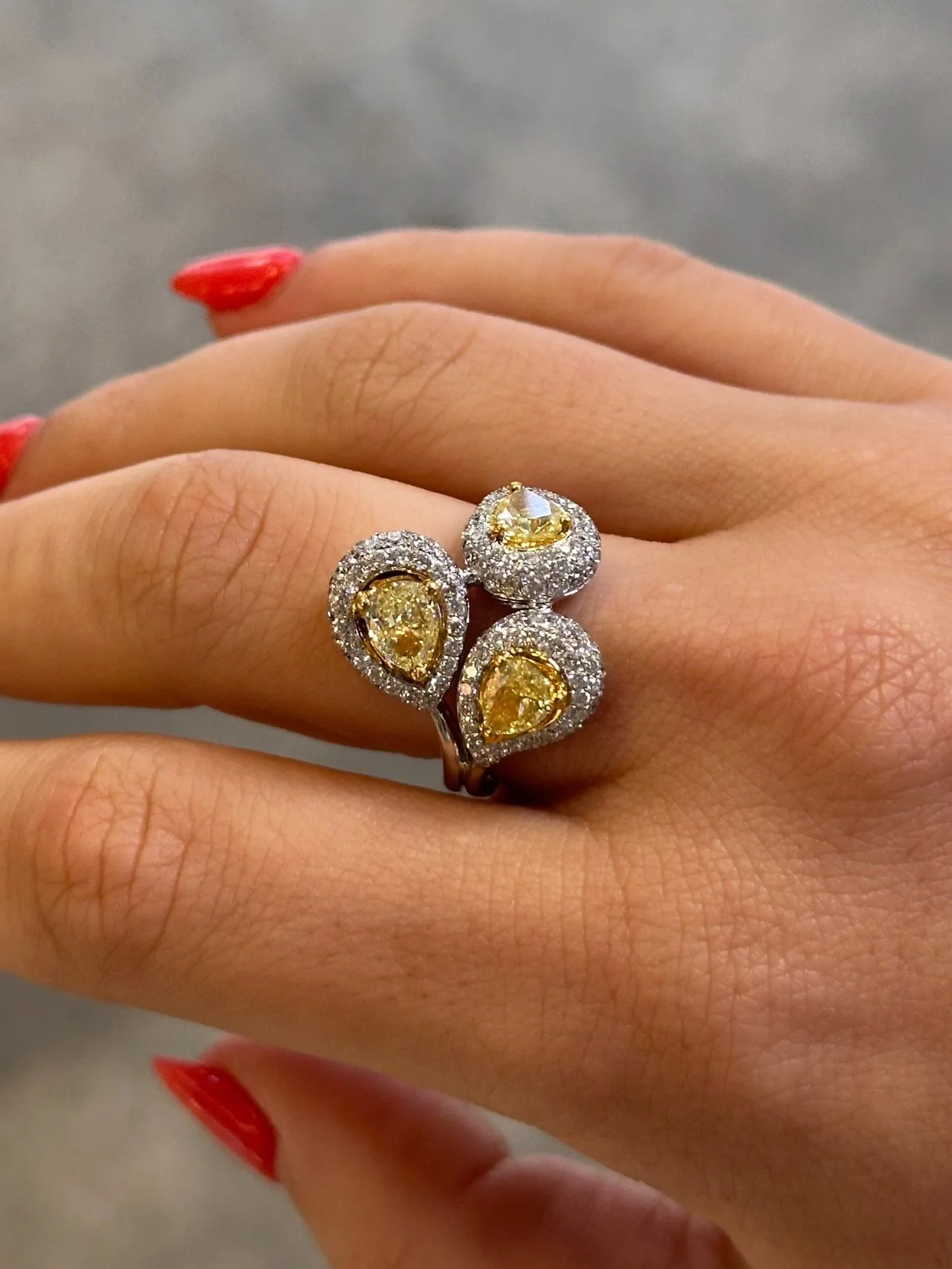 Ladies Three Piece Pave Set Yellow Diamond Ring