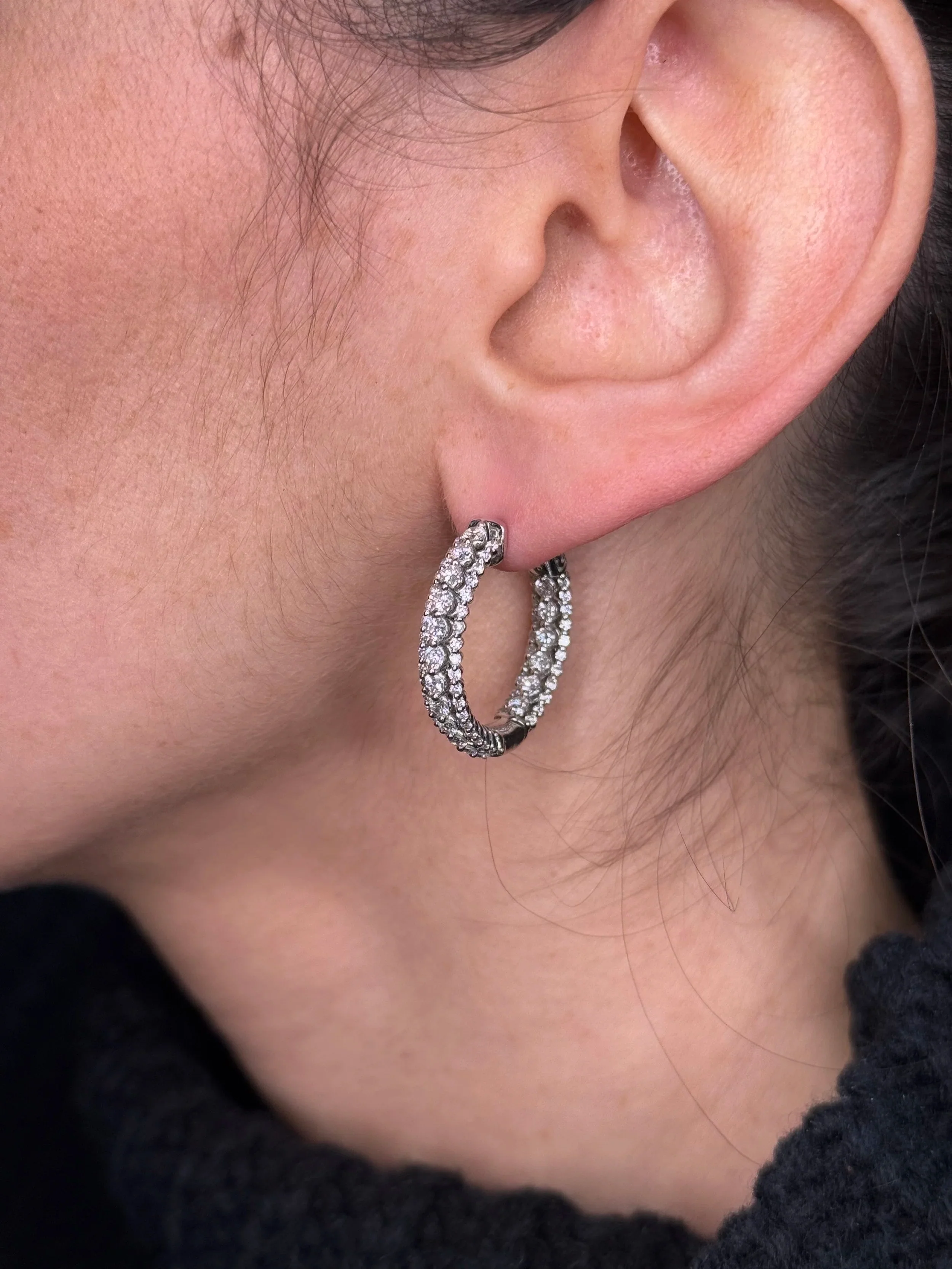 Ladies Three Row Round Diamond Hoops - Image 3