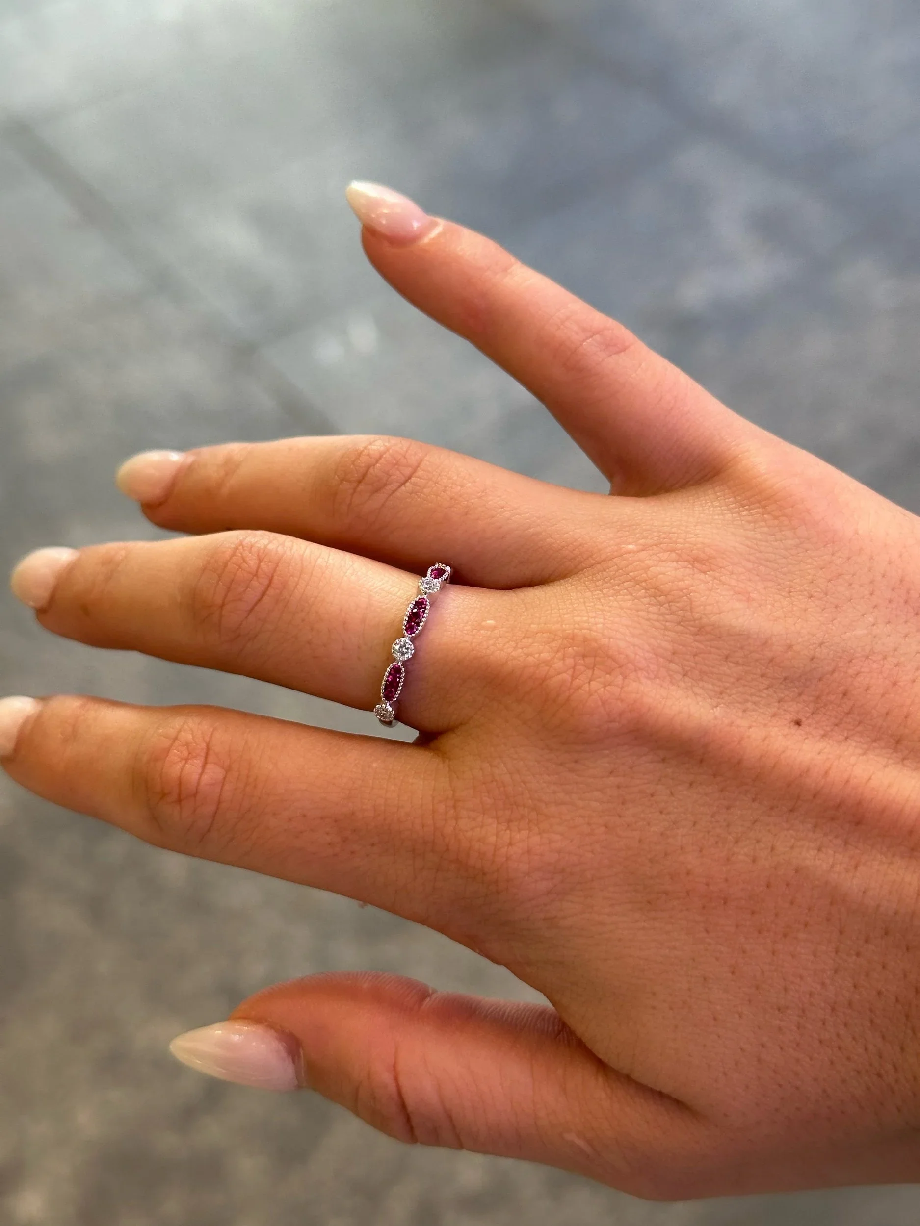 Ladies Three Ruby Stone and Round Diamond Alternating Ring - Image 2