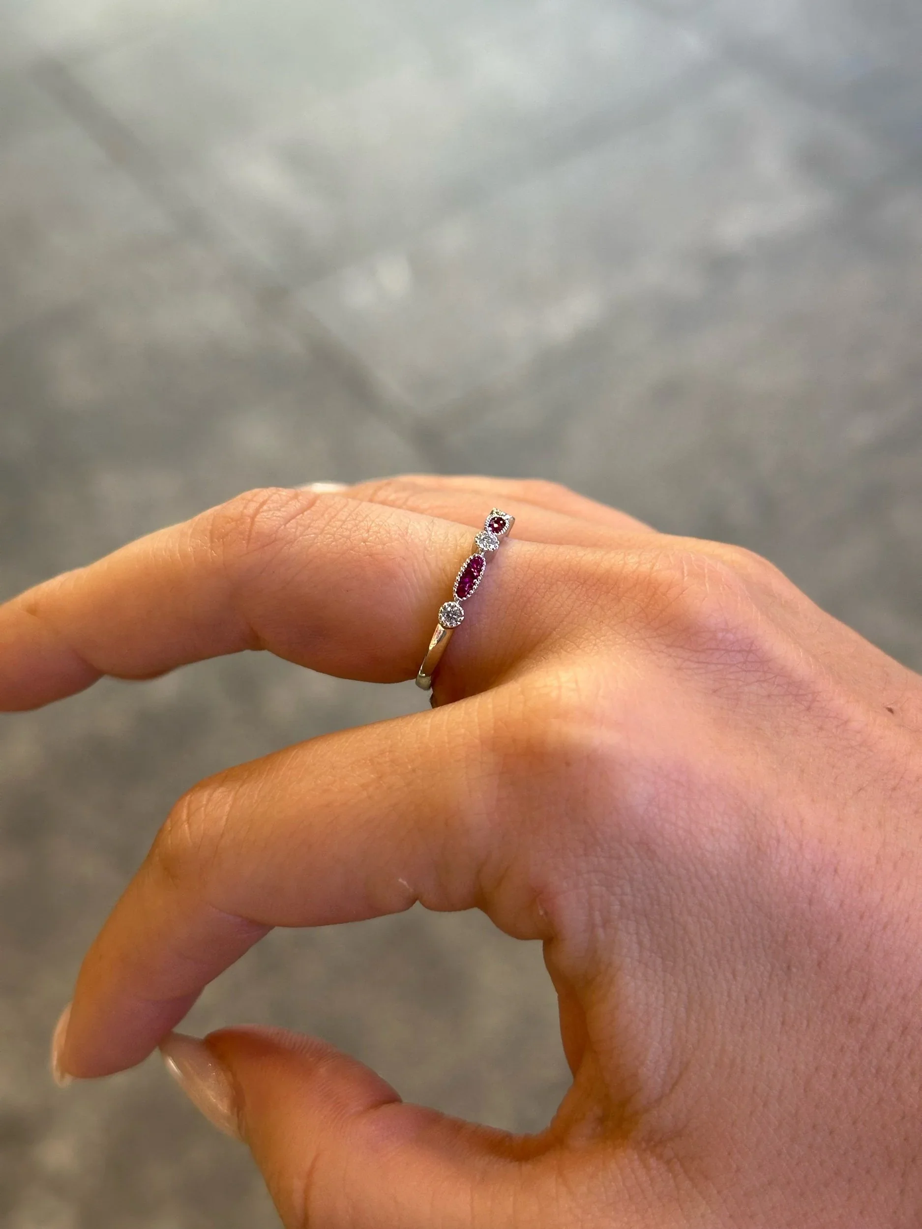 Ladies Three Ruby Stone and Round Diamond Alternating Ring - Image 3