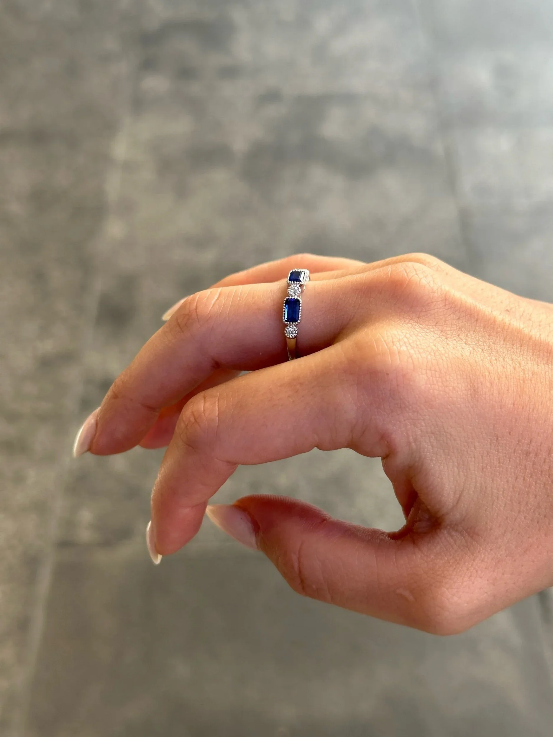 Ladies Three Sapphire Stone Round Diamond Ring - Image 3