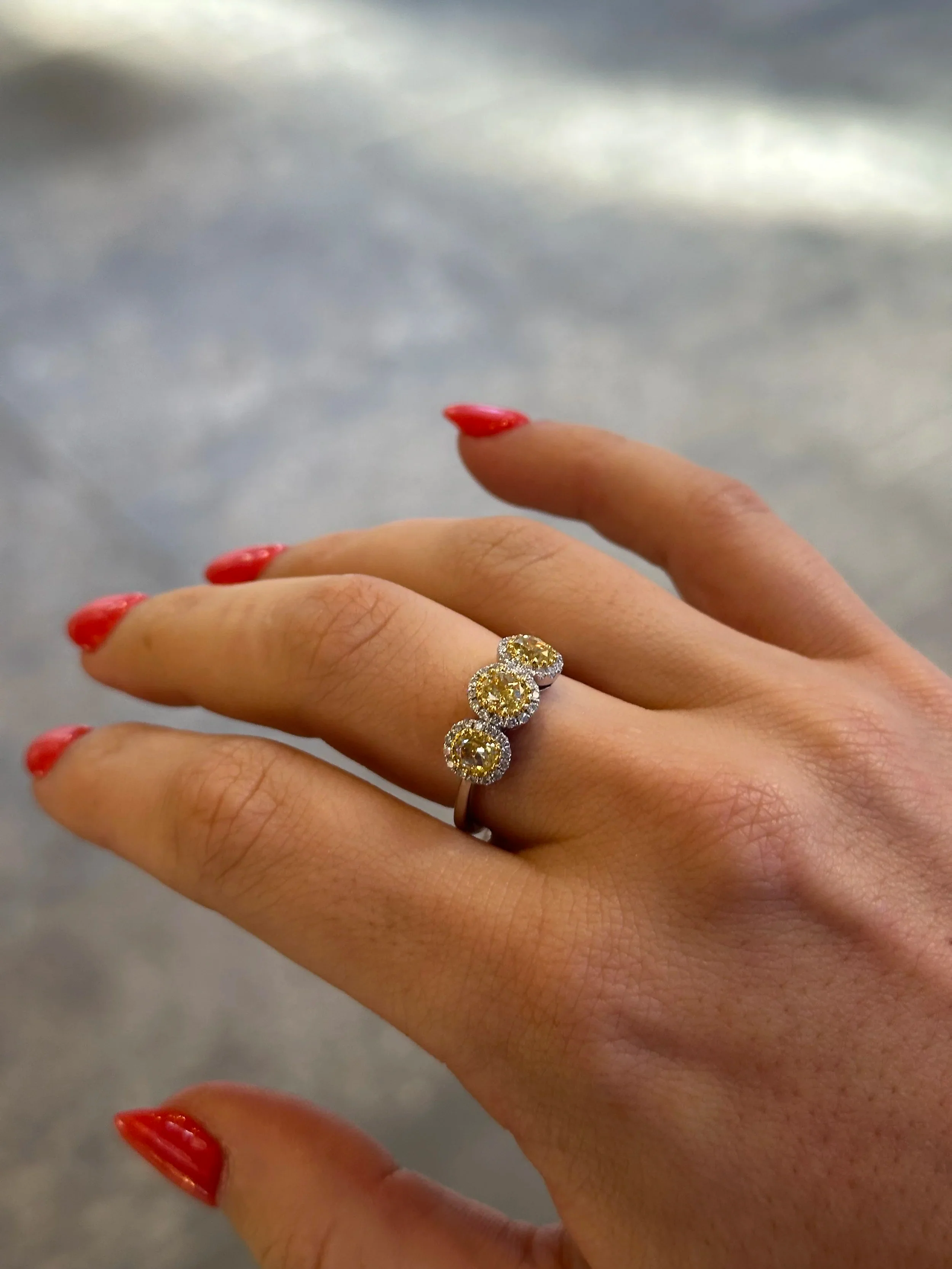 Ladies Three Yellow Diamond Ring with Halo - Image 2