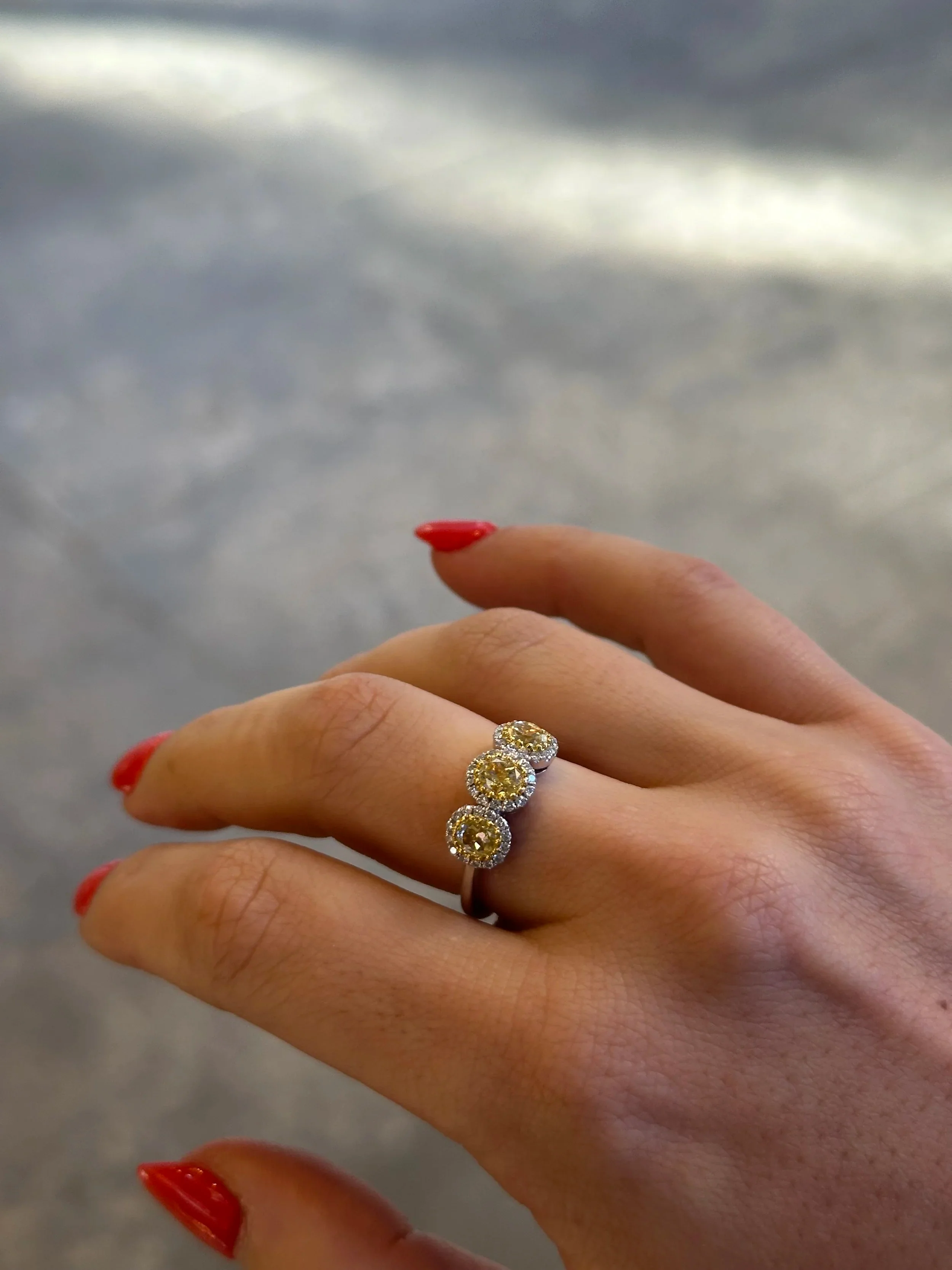 Ladies Three Yellow Diamond Ring with Halo - Image 3