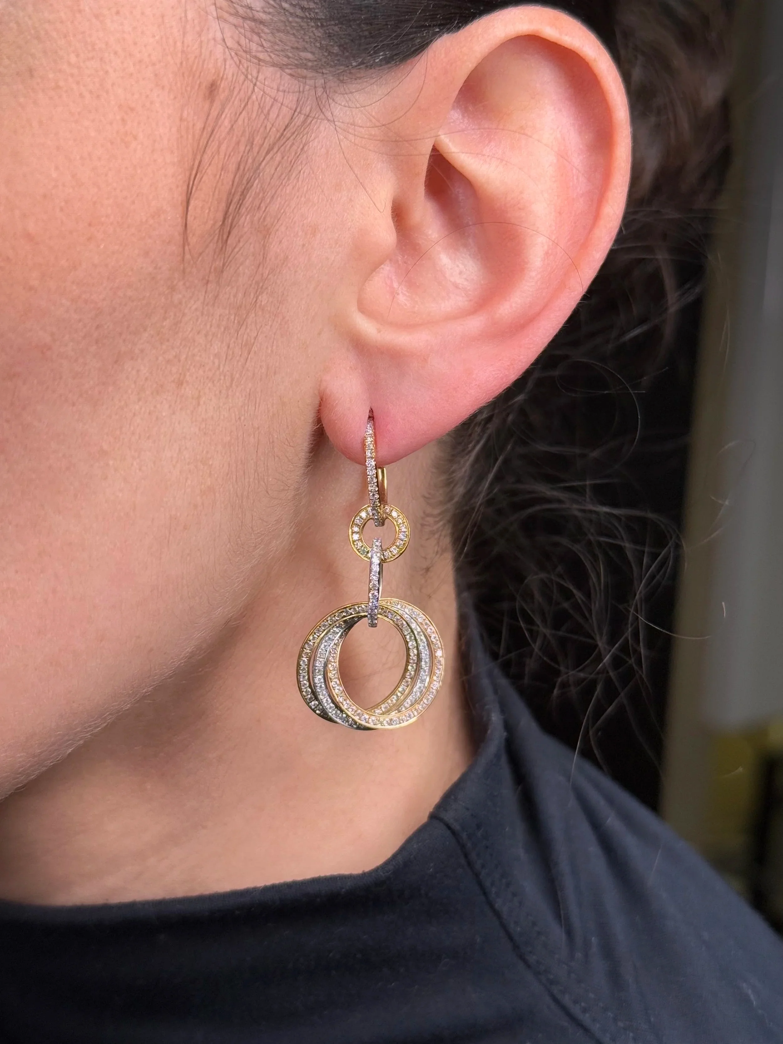 Ladies Trinity Pave Set White, Yellow, and Rose Gold Diamond Earrings - Image 2