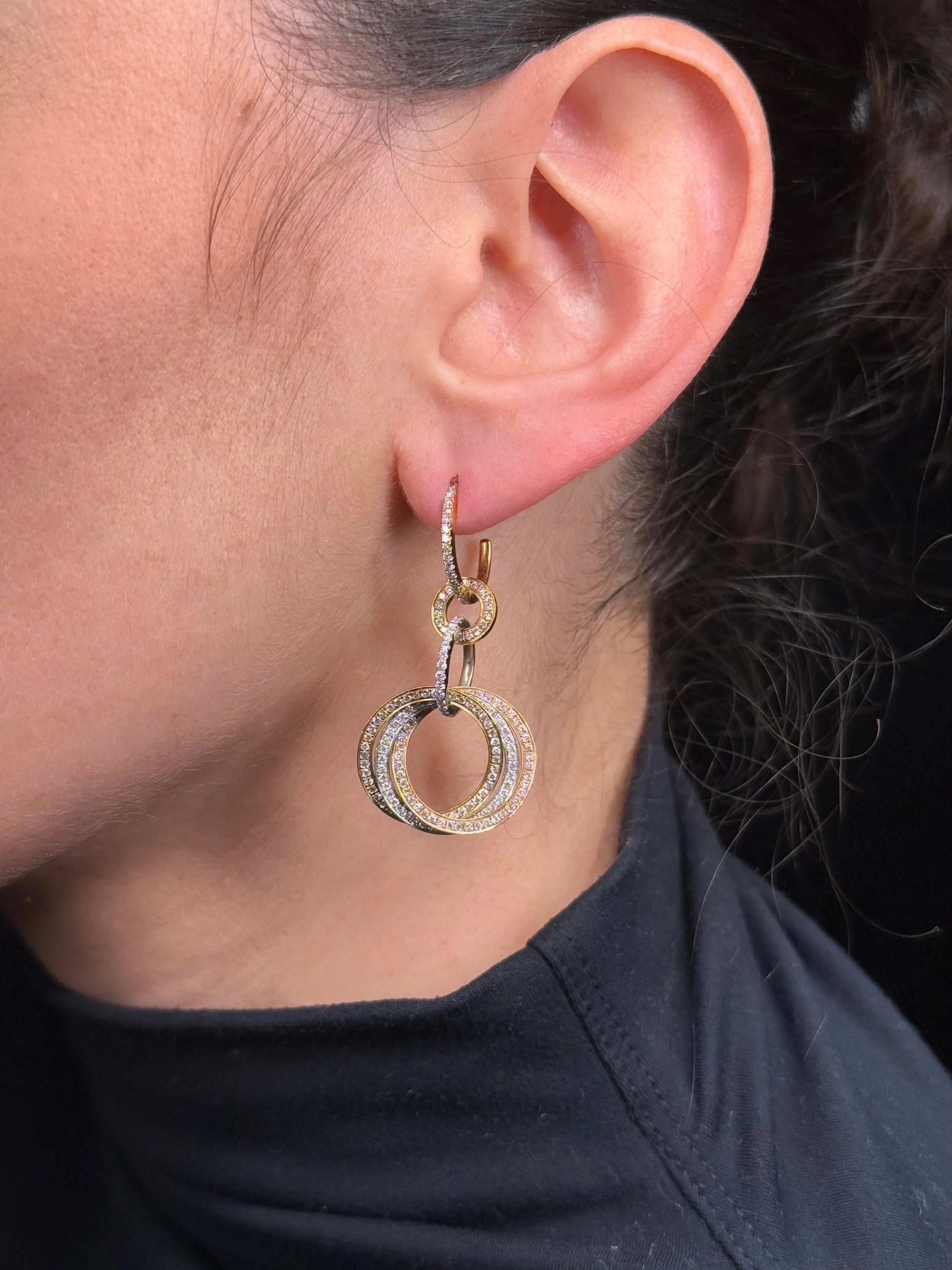 Ladies Trinity Pave Set White, Yellow, and Rose Gold Diamond Earrings - Image 3