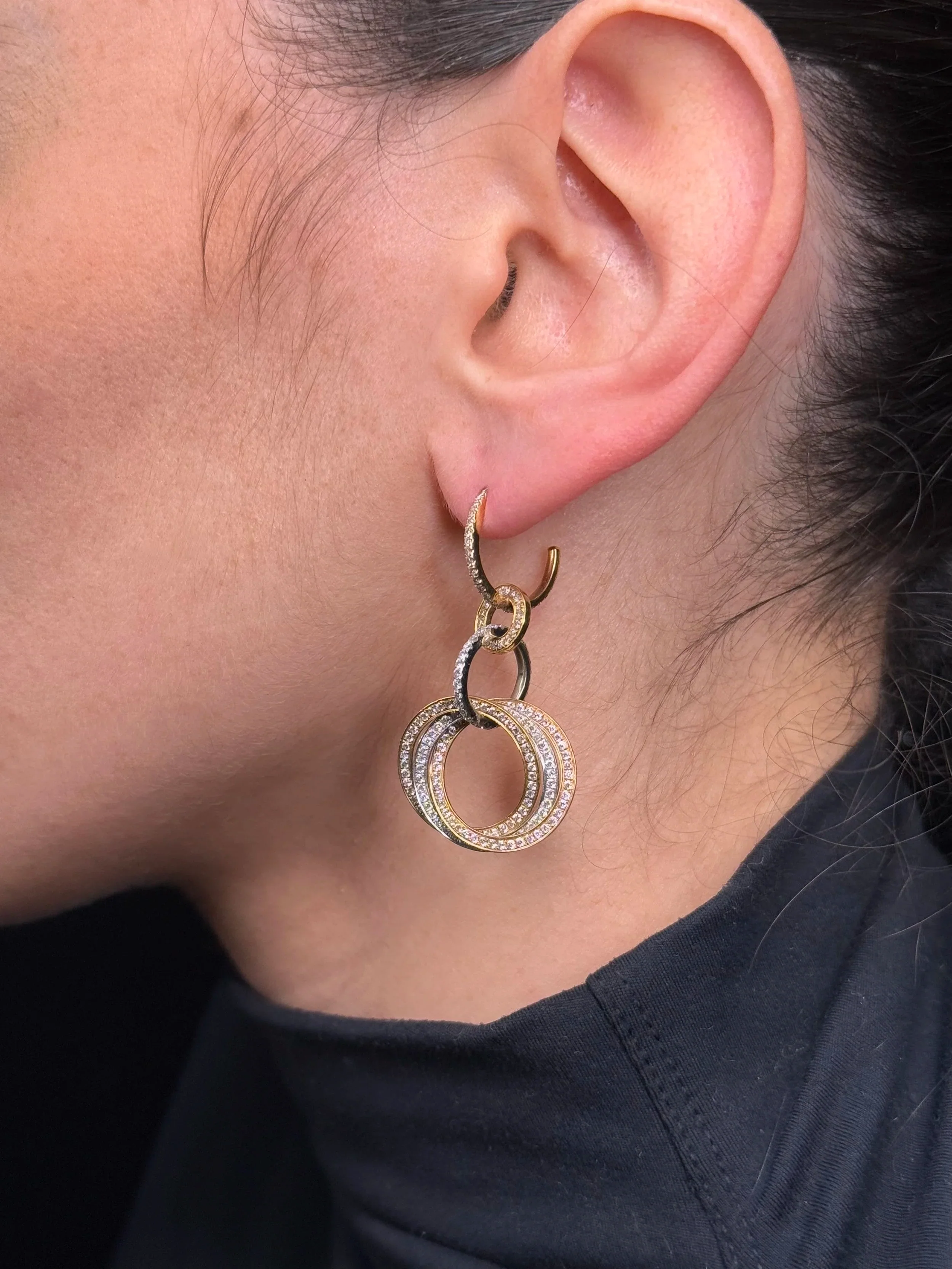 Ladies Trinity Pave Set White, Yellow, and Rose Gold Diamond Earrings - Image 4