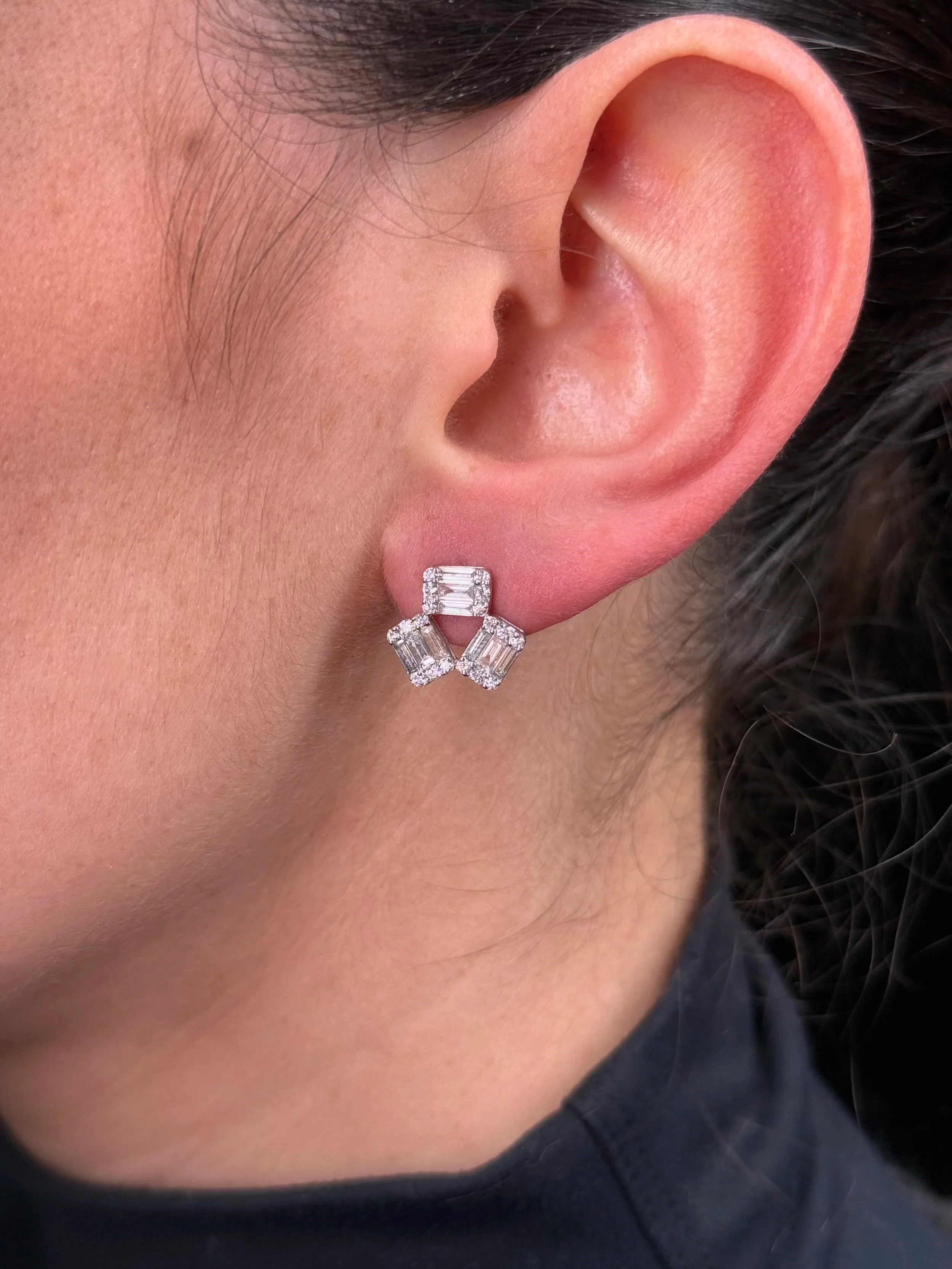 Ladies Triple Baguette and Round Diamond Earrings - Image 2