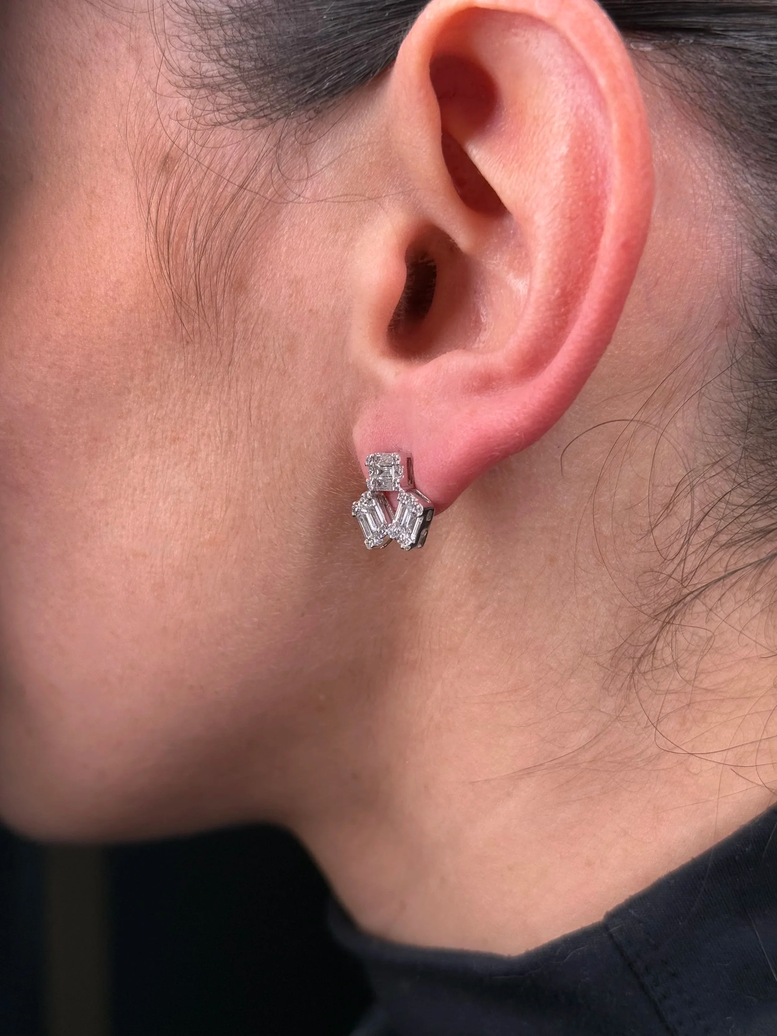 Ladies Triple Baguette and Round Diamond Earrings - Image 3