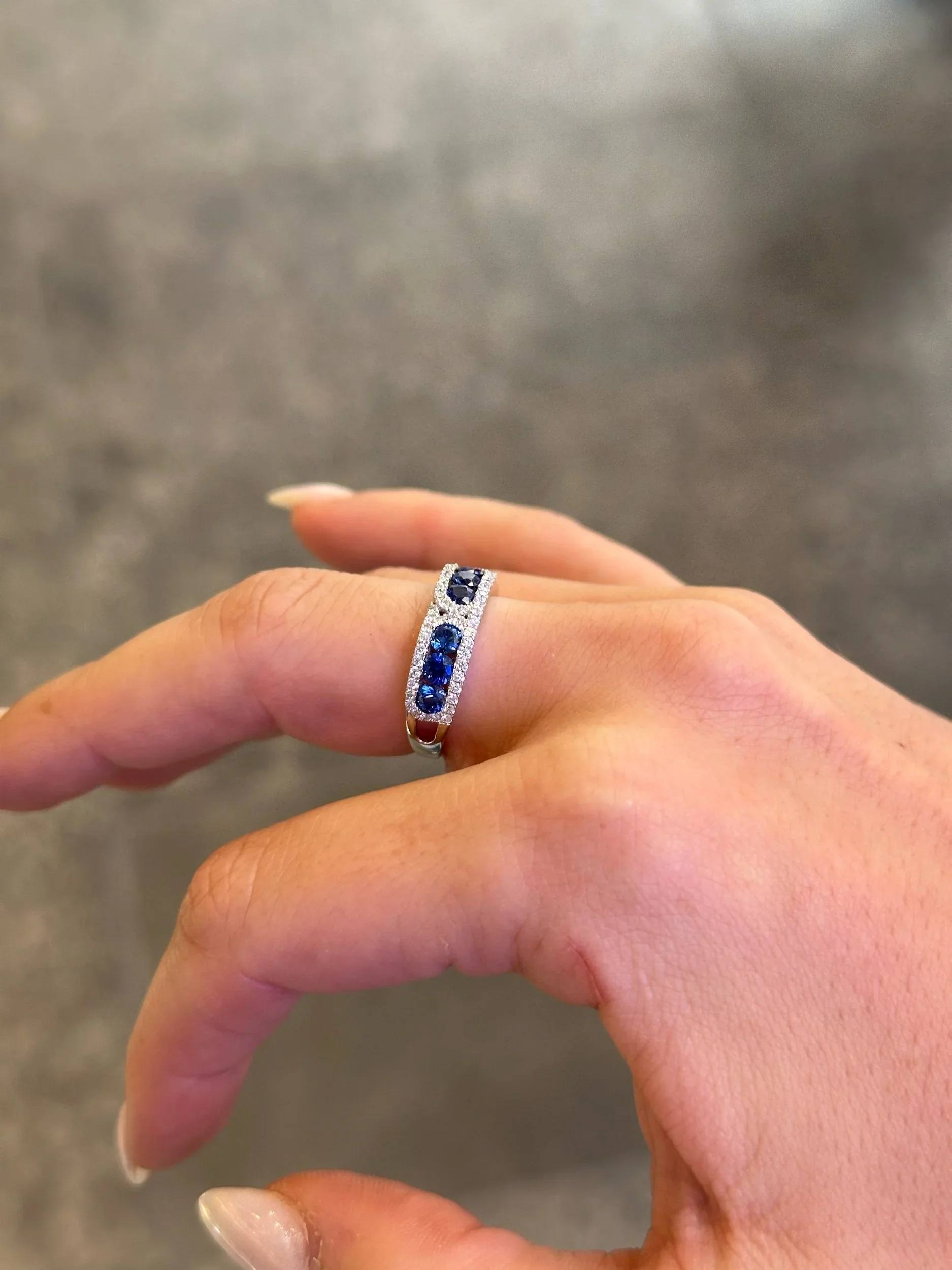 Ladies Triple Sapphire Stone and Round Diamond Ring - Image 3