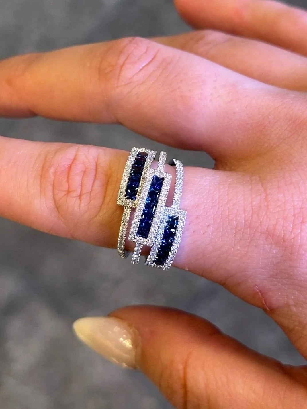 Ladies Triple Shank Sapphire and Round Diamond Fancy Ring
