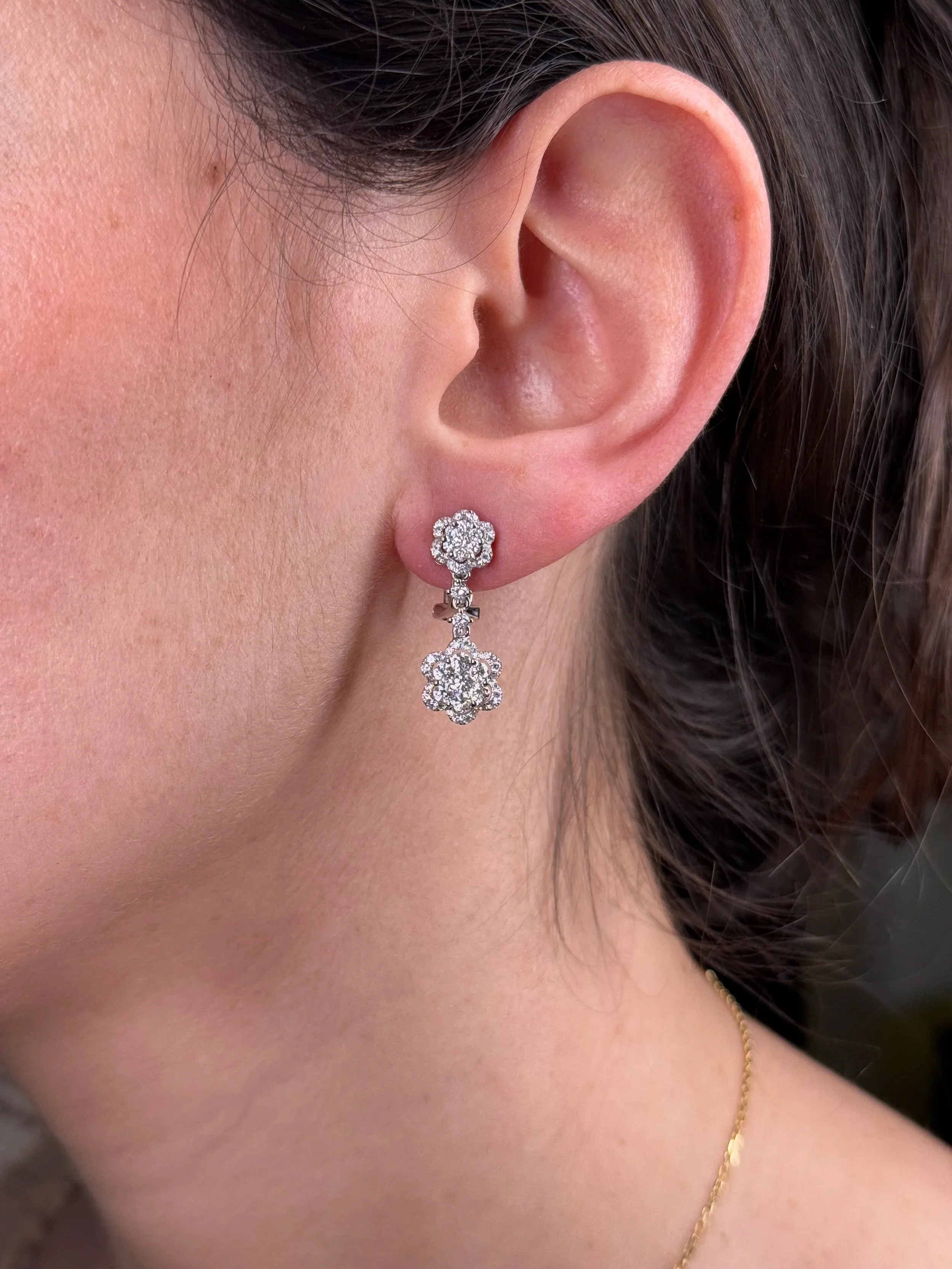 Ladies Two Clover Diamond Dangle Earrings - Image 2