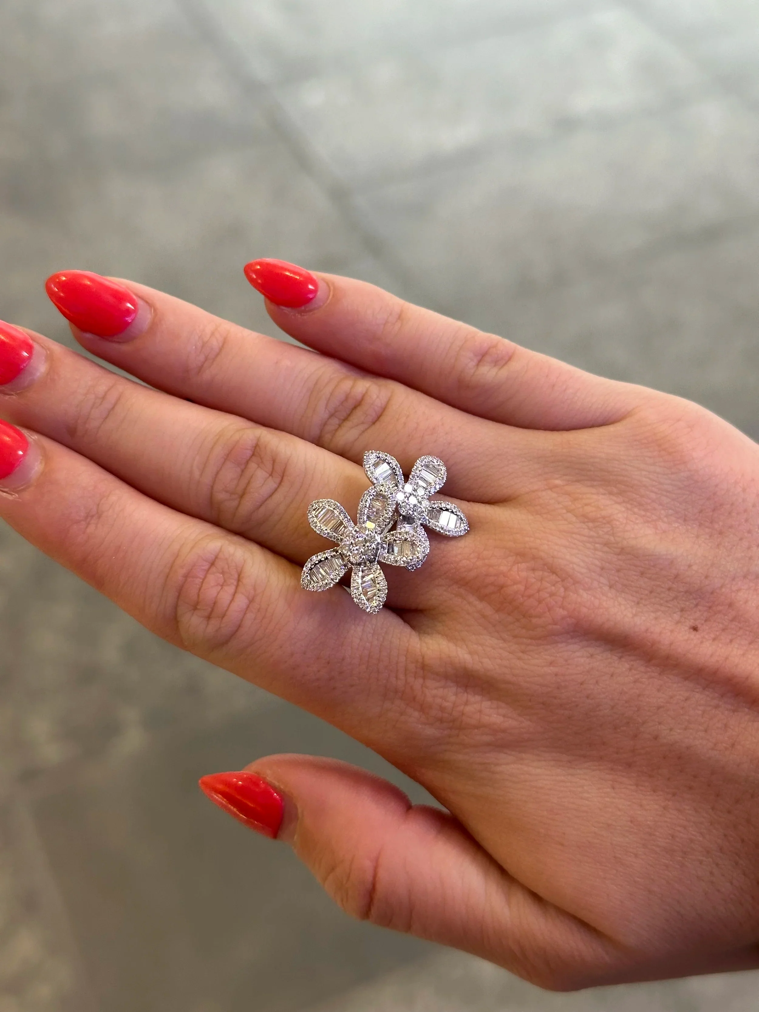 Ladies Two Flower Baguette and Round Diamond Ring - Image 2