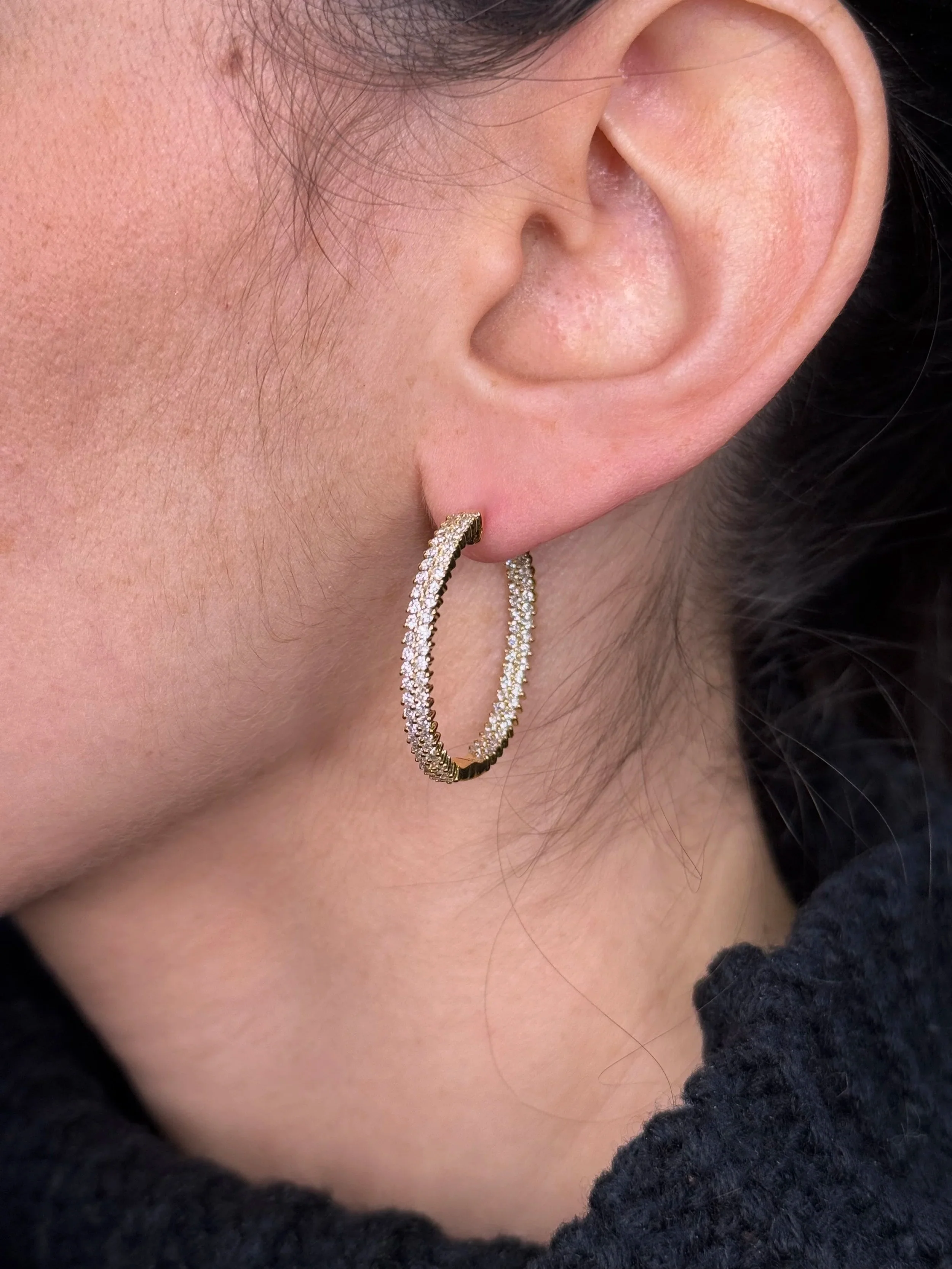 Ladies Two Row Pave Set Diamond Hoops - Image 3