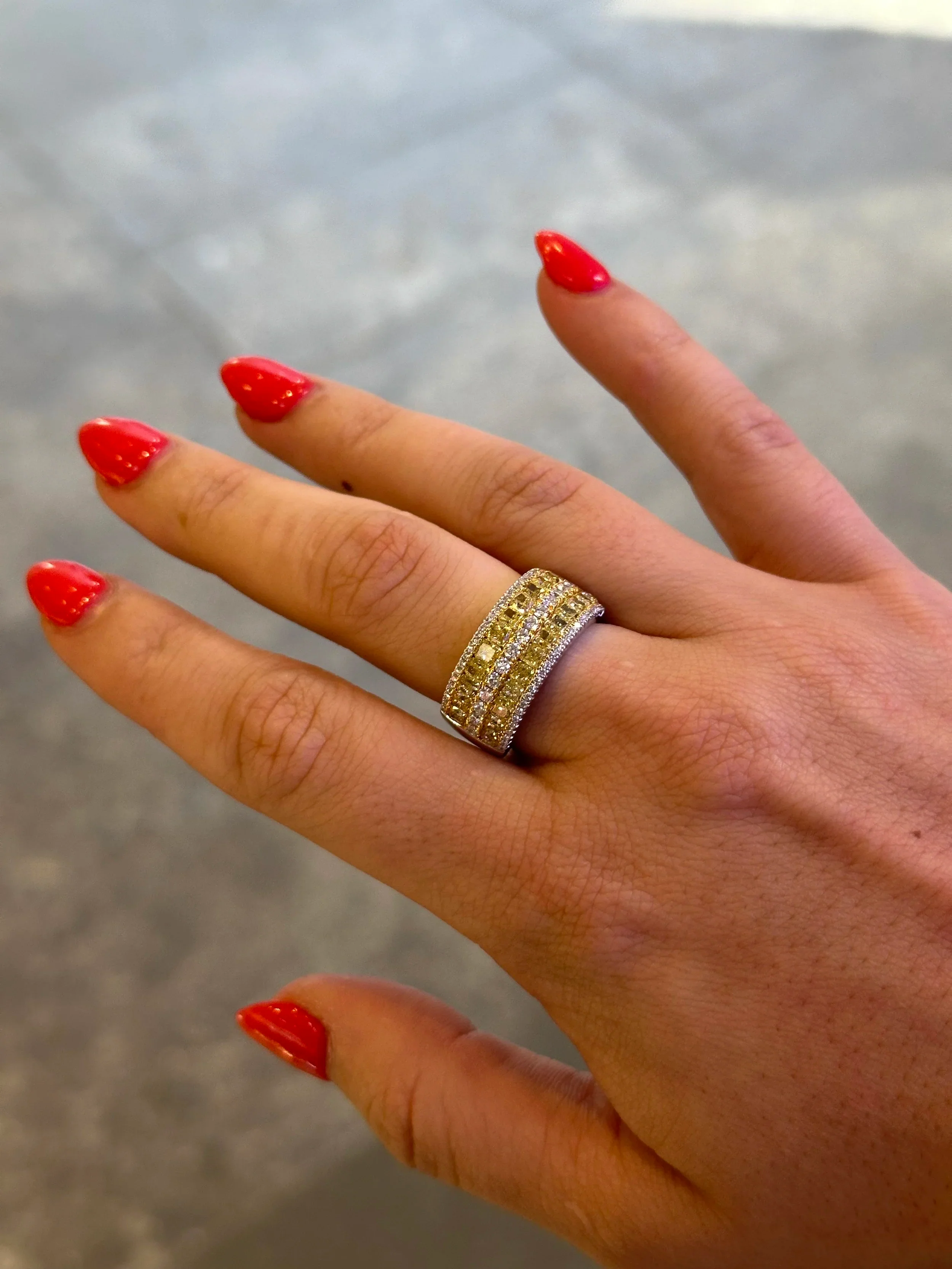 Ladies Two Rows of Yellow Cushion Cut Ring - Image 2