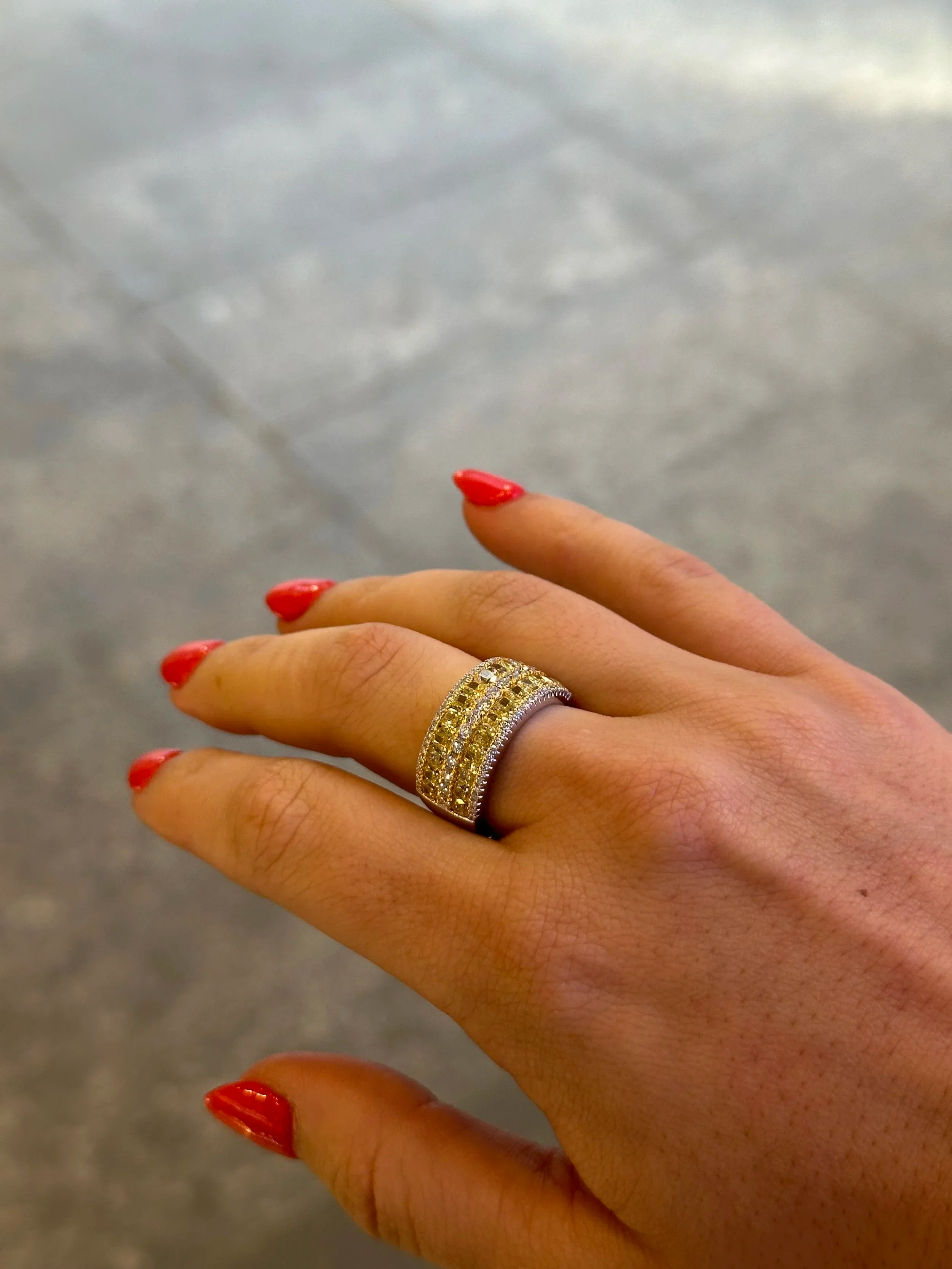 Ladies Two Rows of Yellow Cushion Cut Ring - Image 3