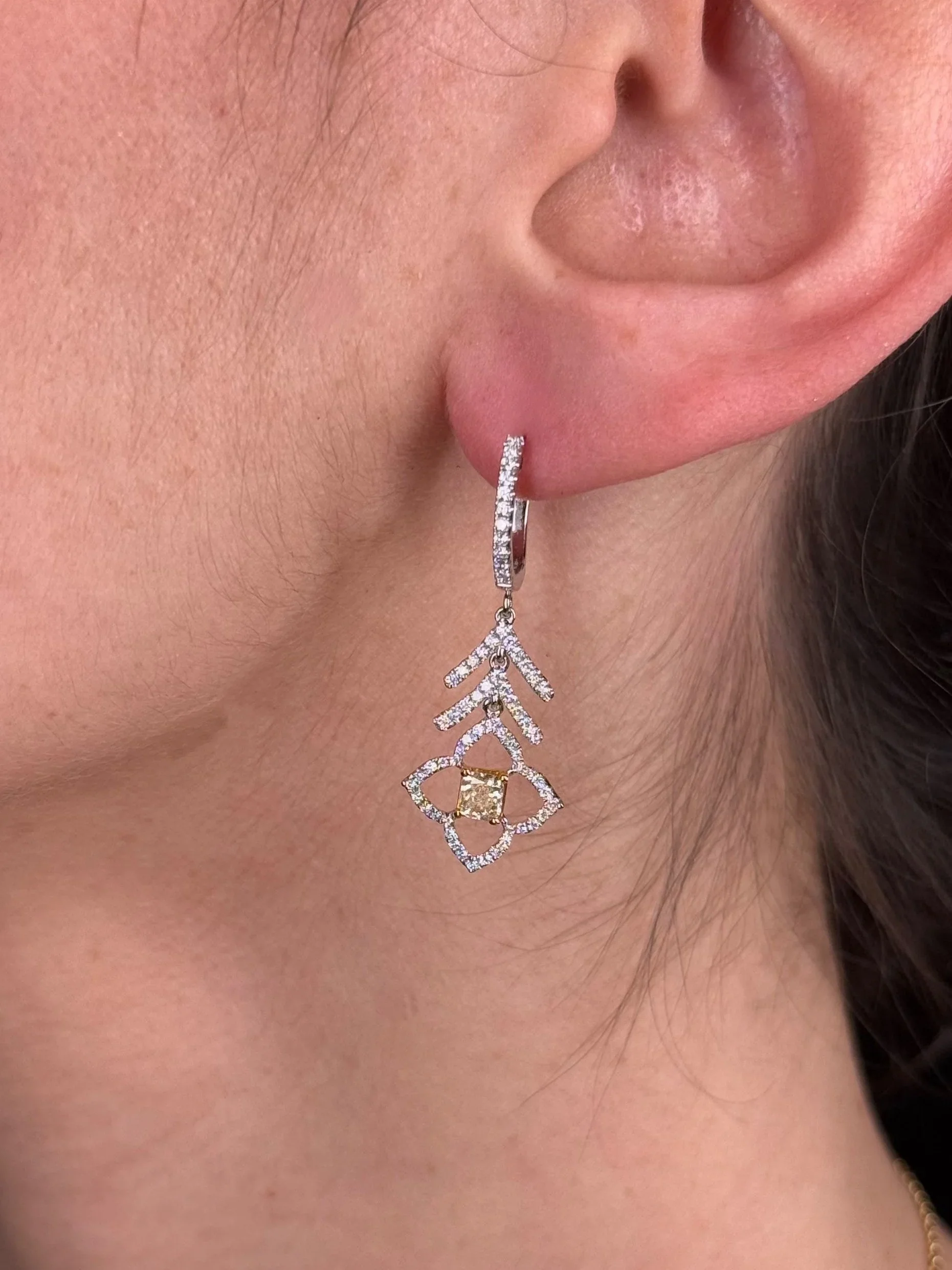 Ladies Two Tone Radiant Yellow Diamond Fancy Earrings